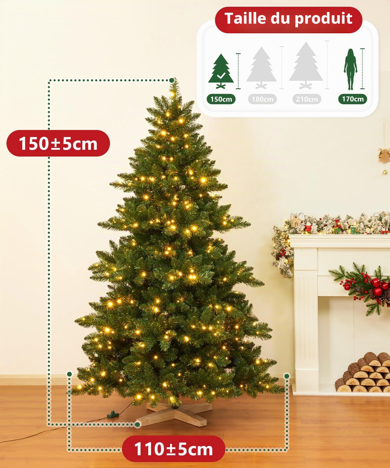 Yorbay Sapin de Noël artificiel avec éclairage LED : sapin en PVC artificiel avec support en bois pour décoration de Noël, idéal pour une ambiance festive (150 cm)