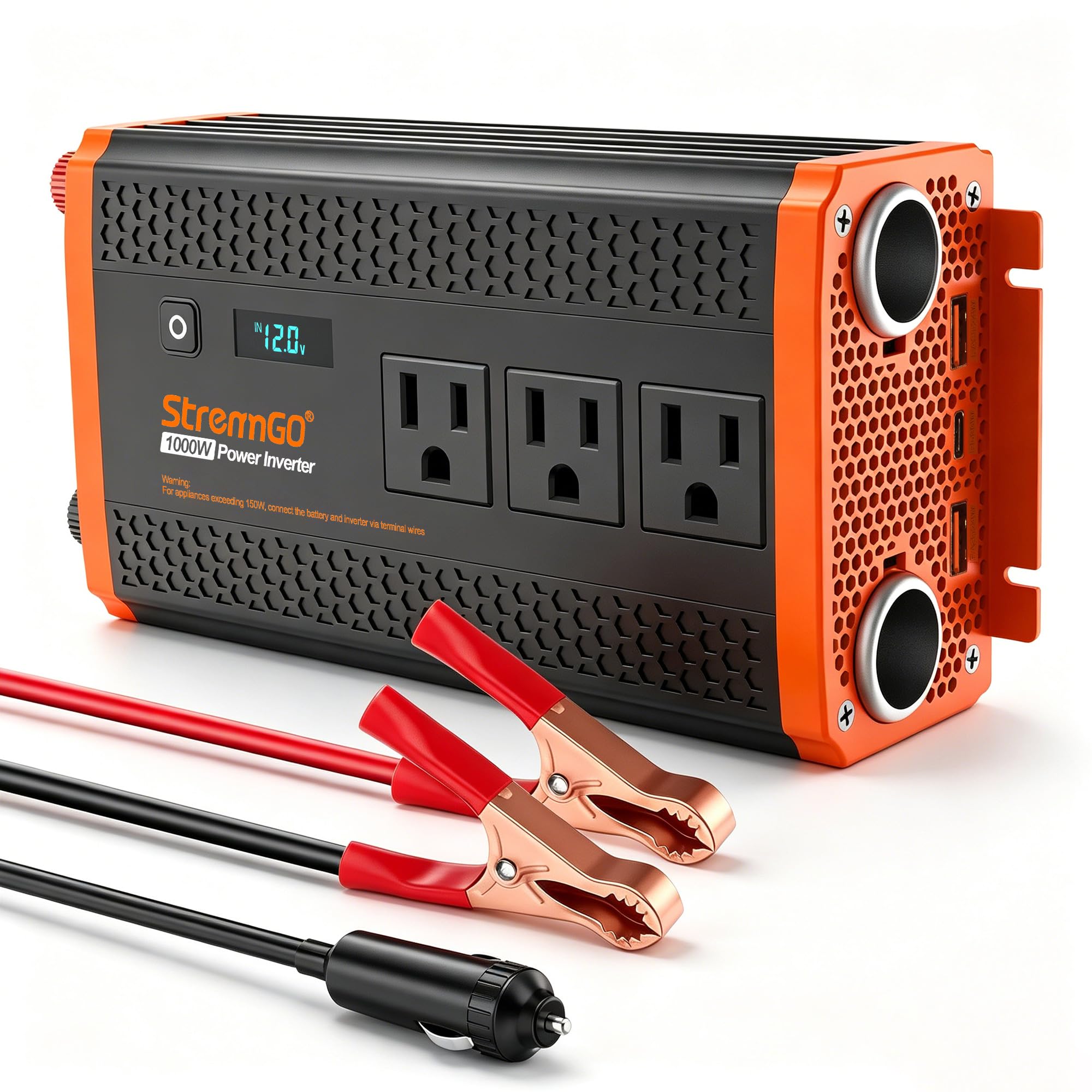 Photo 1 of StrenrmGO 1000W Power Inverter for Vehicles, 12V DC to 110/120V AC Car Inverter with 3 AC Outlets, USB 24W/ PD 30W Fast Charger, Car Power Converter for Truck, Home, Laptop on Road Trip Essentials