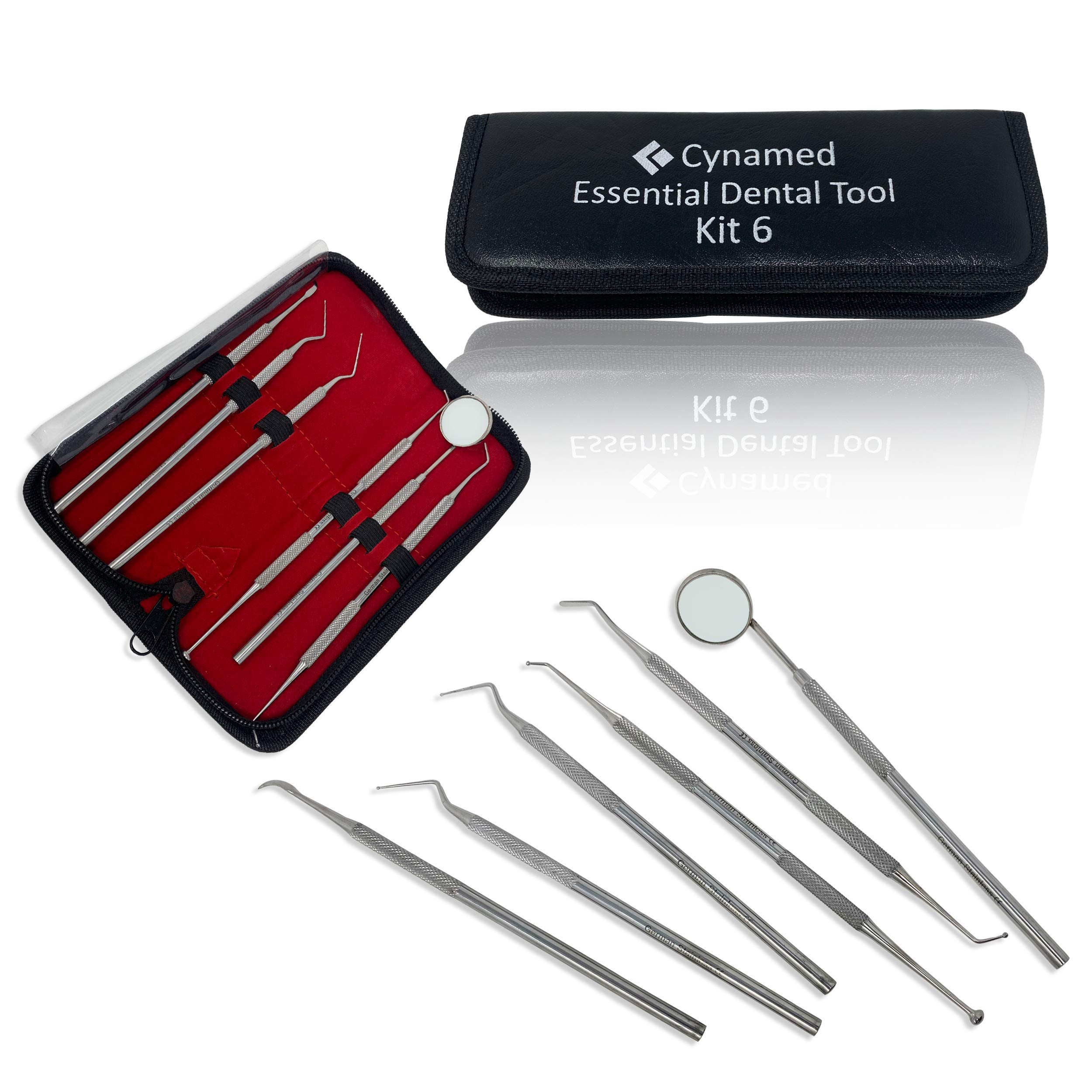 CynamedEssential Dental Tool Kit Premium Stainless Steel Pick Oral Care Kit Hygiene Tooth Scraper Tartar Dental Scaler Tweezers Mouth Mirror for Personal & Pet Oral Care Use