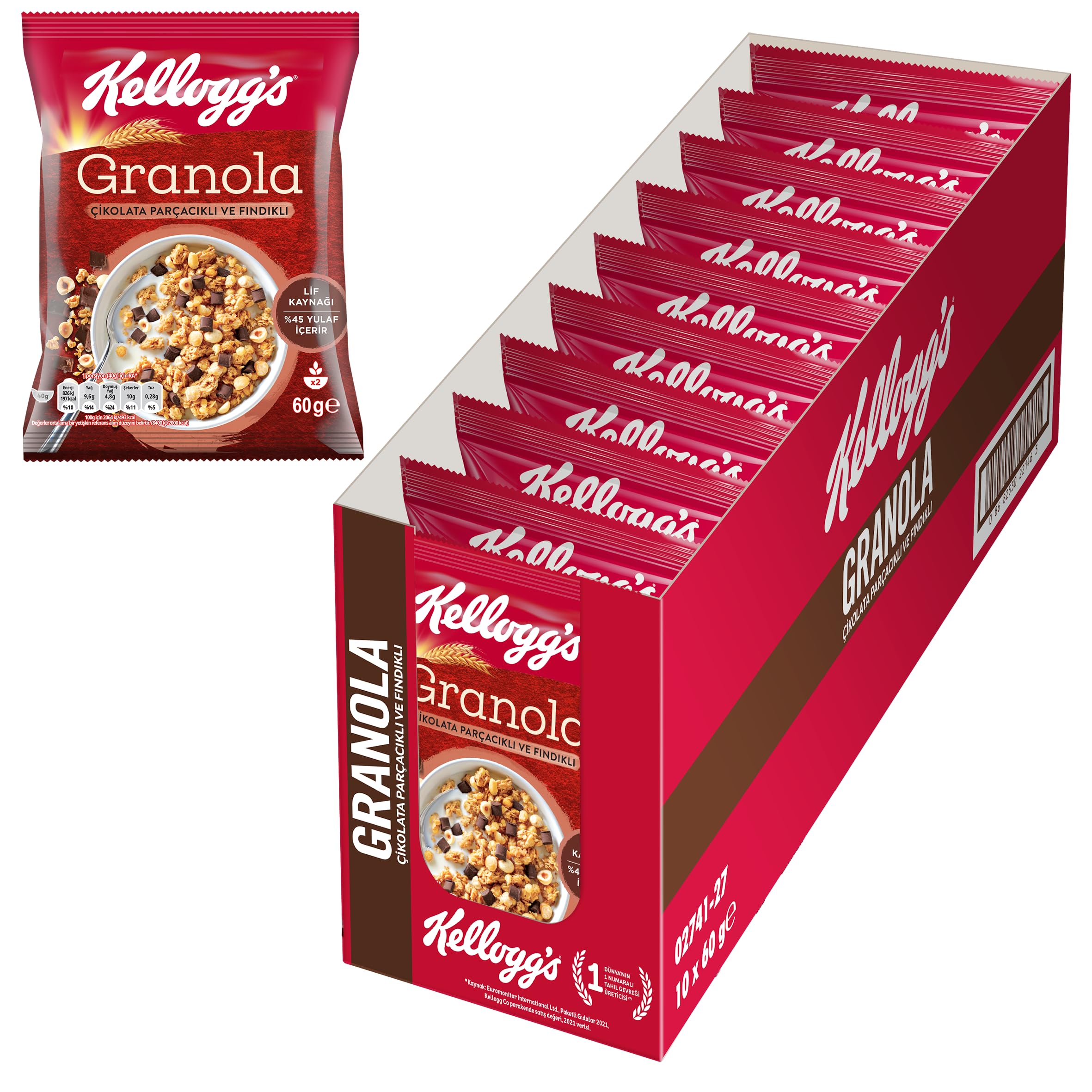 Kellogg's Granola Çikolata Parçacıklı ve Fındıklı 60 Gr x10 Adet,% 45 Yulaf içerir,Lif Kaynağı,%11 Belçika Çikolata Parçaları,Antioksidan içerir,Kahvaltılık Gevrek,Müsli,Atıştırmalık