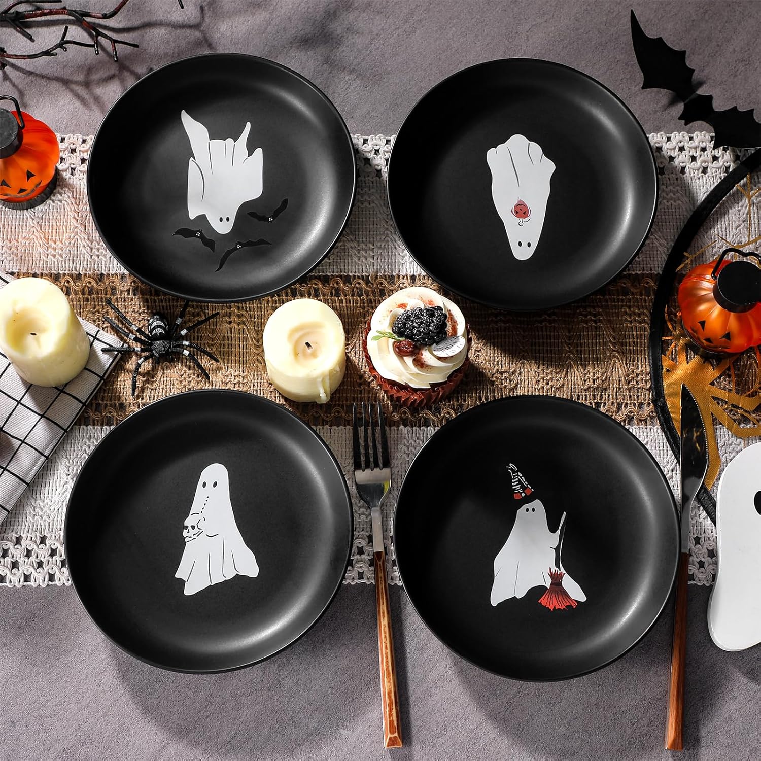 4 Pack Halloween ceramic Plates Stoneware Appetizer Ghost Plates Reusable Spooky Round Dinner Dessert Tableware for Serving Table Decor & Gifts Halloween Lovers