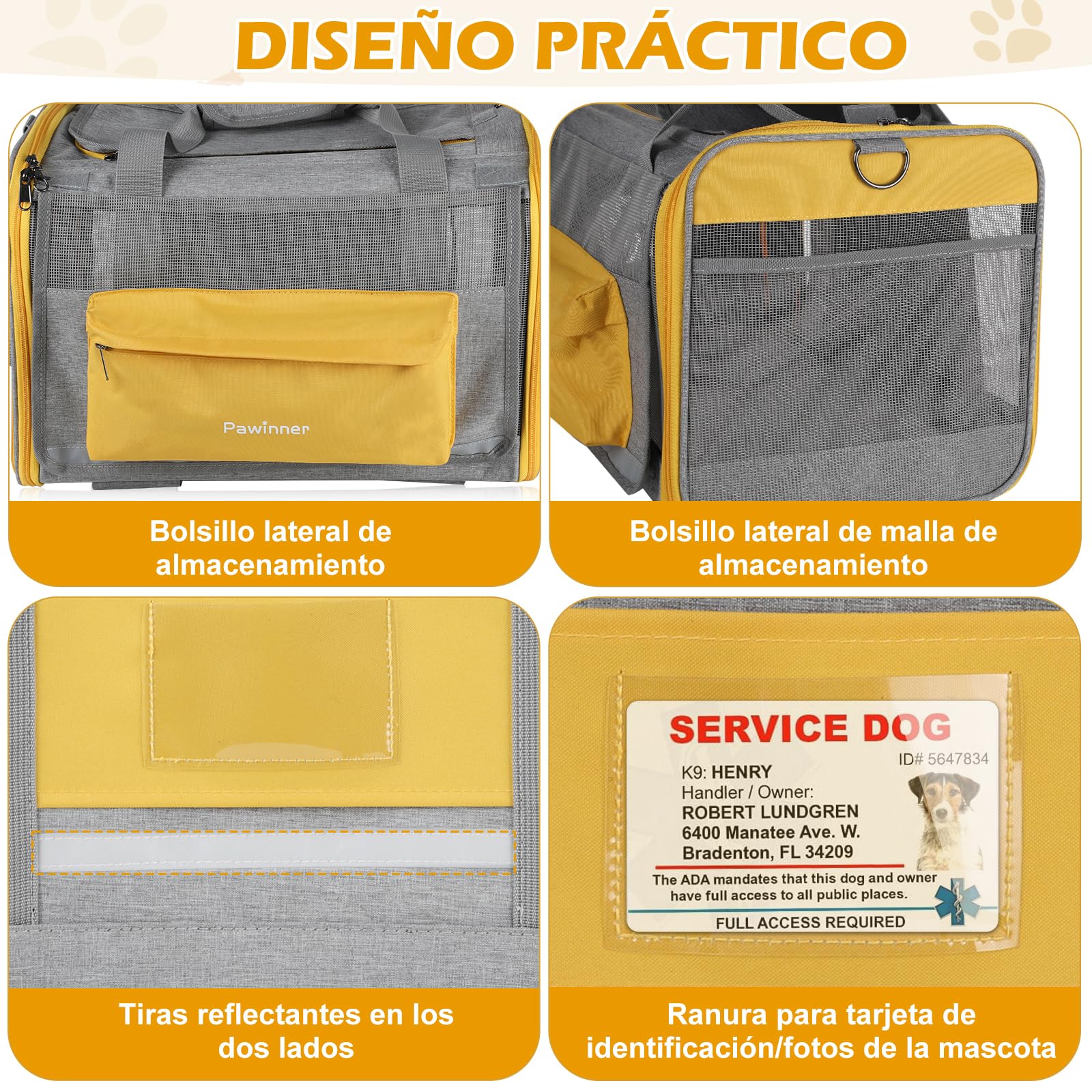 Transportín Perro Gato, Pawinner Transpirable Bolsa de Transporte para Mascotas, Llevar en Mano y Hombro 2 en 1, Plegable Fuardar, Adecuada para Gatos y Perros de hasta 9kg, 45 * 33 * 33cm