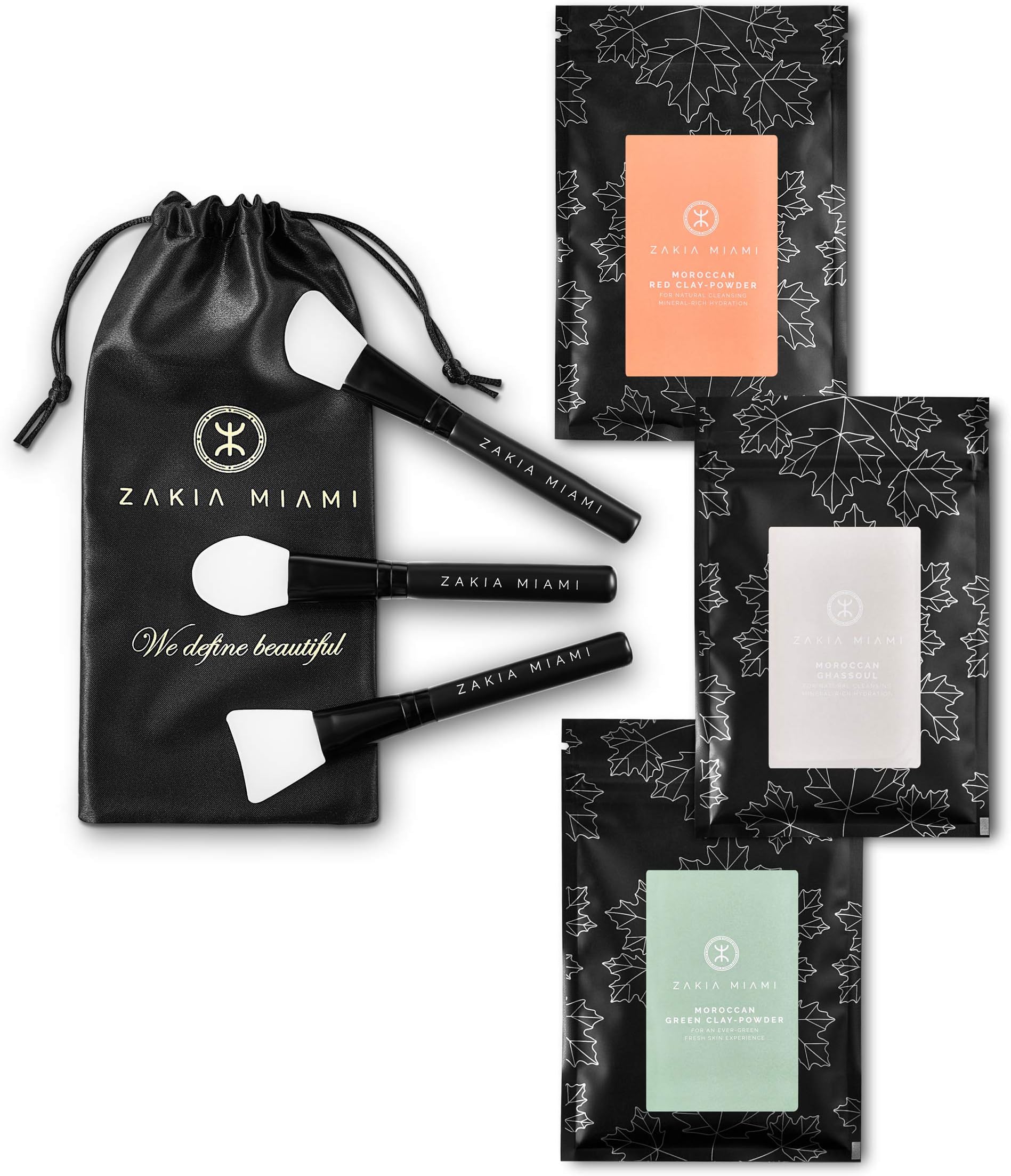 ZAKIA MIAMI Face Mask Brush Set - 3-Piece Silicone Face Mask Applicator Pack + 3 Facial Masks With Natural Clay Powder - Healing Mud Mask & Applicators Beauty Kit To Reduce Blackheads & Acne Breakouts