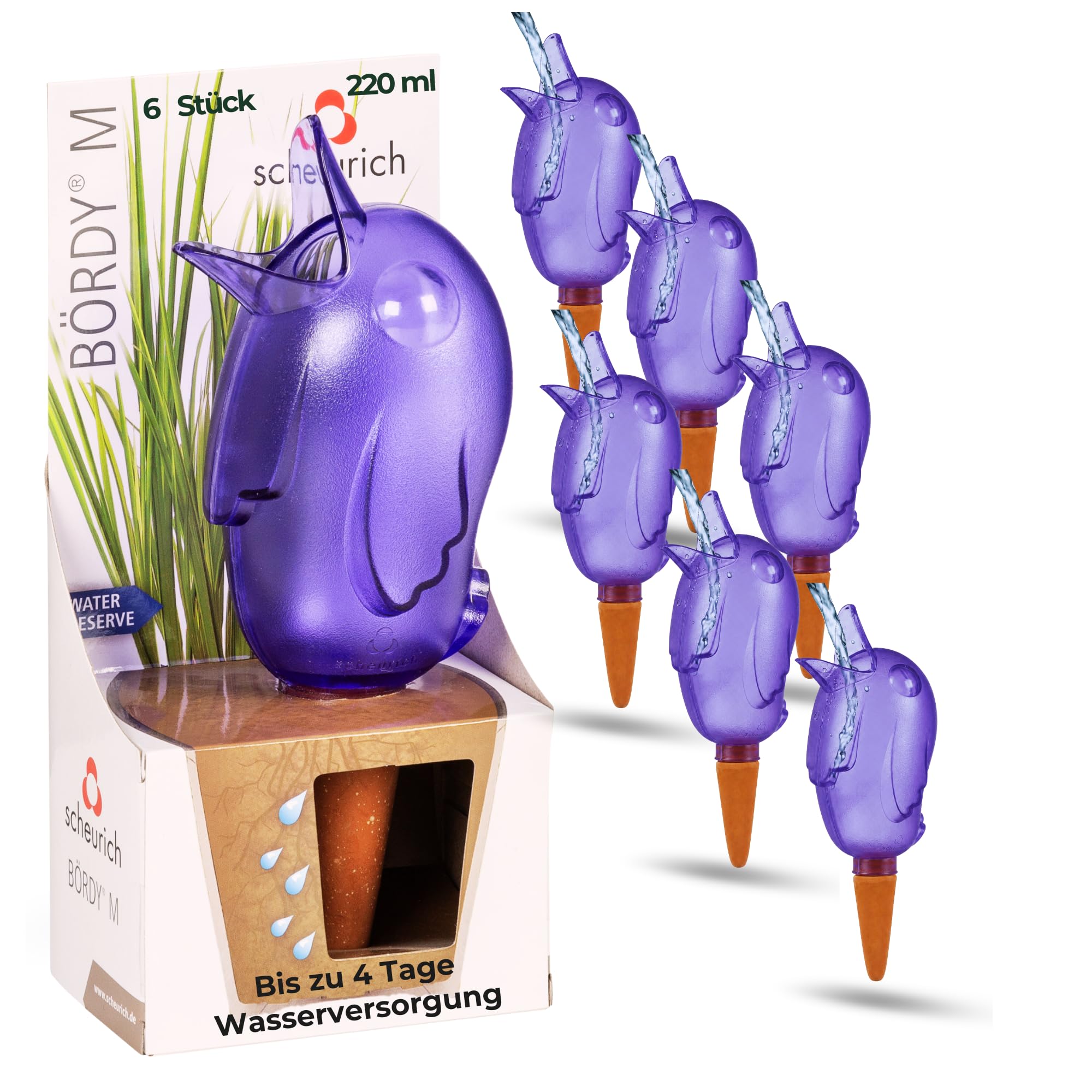 Scheurich Dozownik wody Bördy M | 6 x liliowy | pojemność 220 ml | mała kula nawadniająca z glinką stopą | dozownik wody do roślin pokojowych i kwiatów, trzonek z terakoty