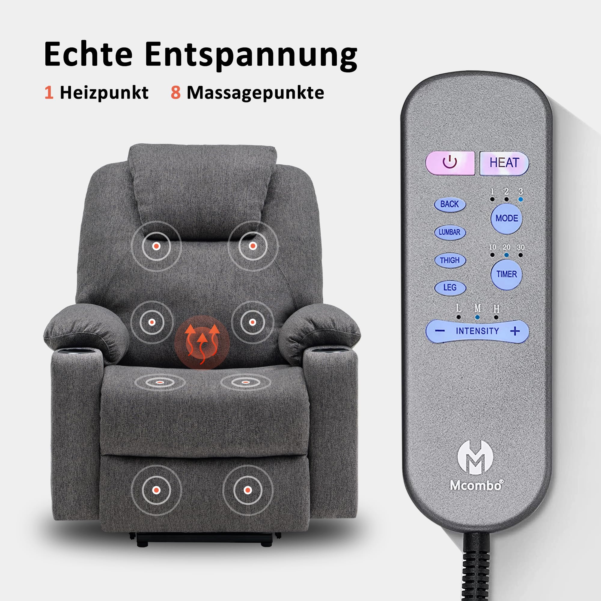 M MCombo Fauteuil Relax avec Aide à la levée électrique, Fauteuil Relax avec Fonction Inclinaison jusqu'à 140°, Massage et Chauffage, avec Port USB, 7040 (Gris-Tissu)