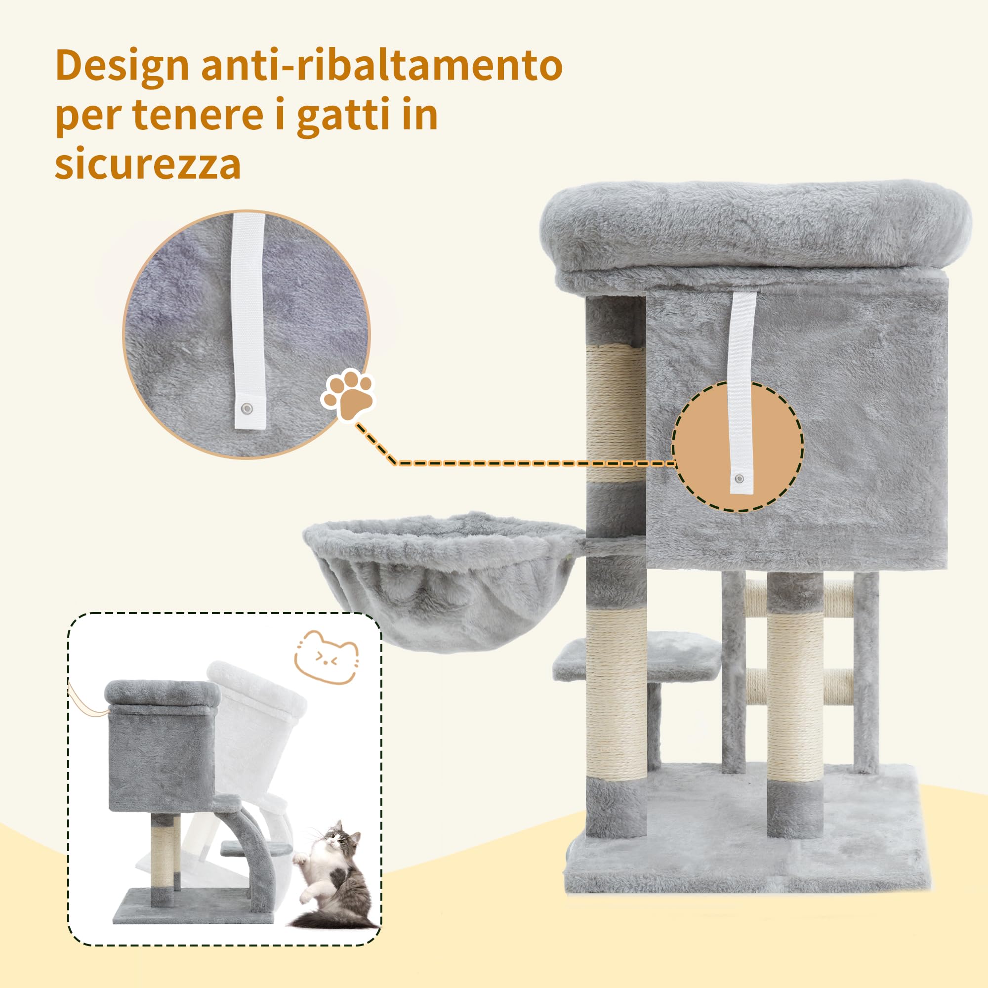 Heybly Albero Tiragraffi Per Gatti, Tiragraffi Piccolo Per Gatti Alto 75 cm Con Piattaforma Superiore, Tana, Amaca, Scala Di Arrampicata, Gioco da Gatto, Mobile da Gatto, Grigio Chiaro HCT009SW