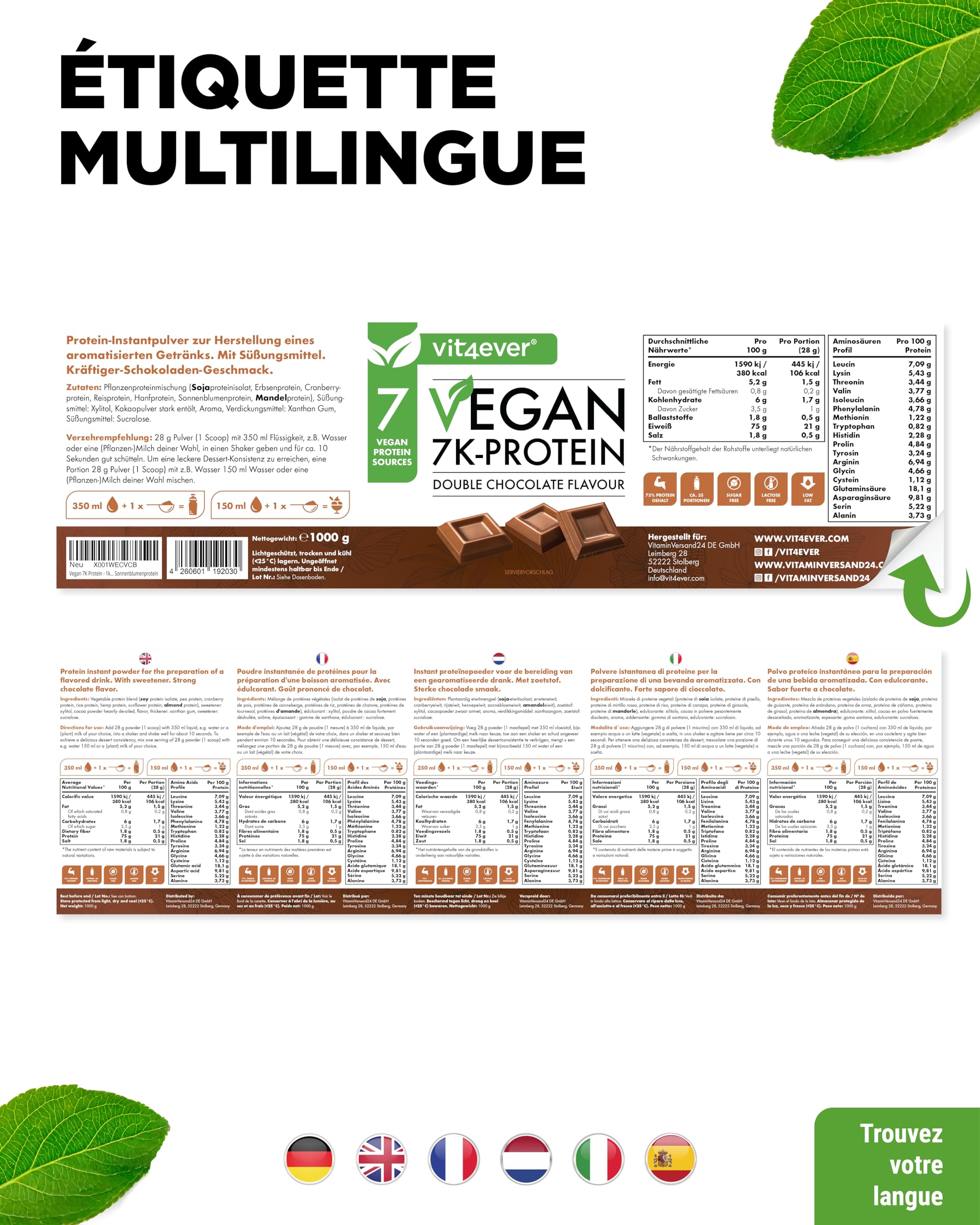 Vegan 7K Protein - 1kg -Double Chocolat - Poudre de protéine purement végétale avec des protéines de riz, d'amande, de soja, de pois, de chanvre, de canneberge et de tournesol.