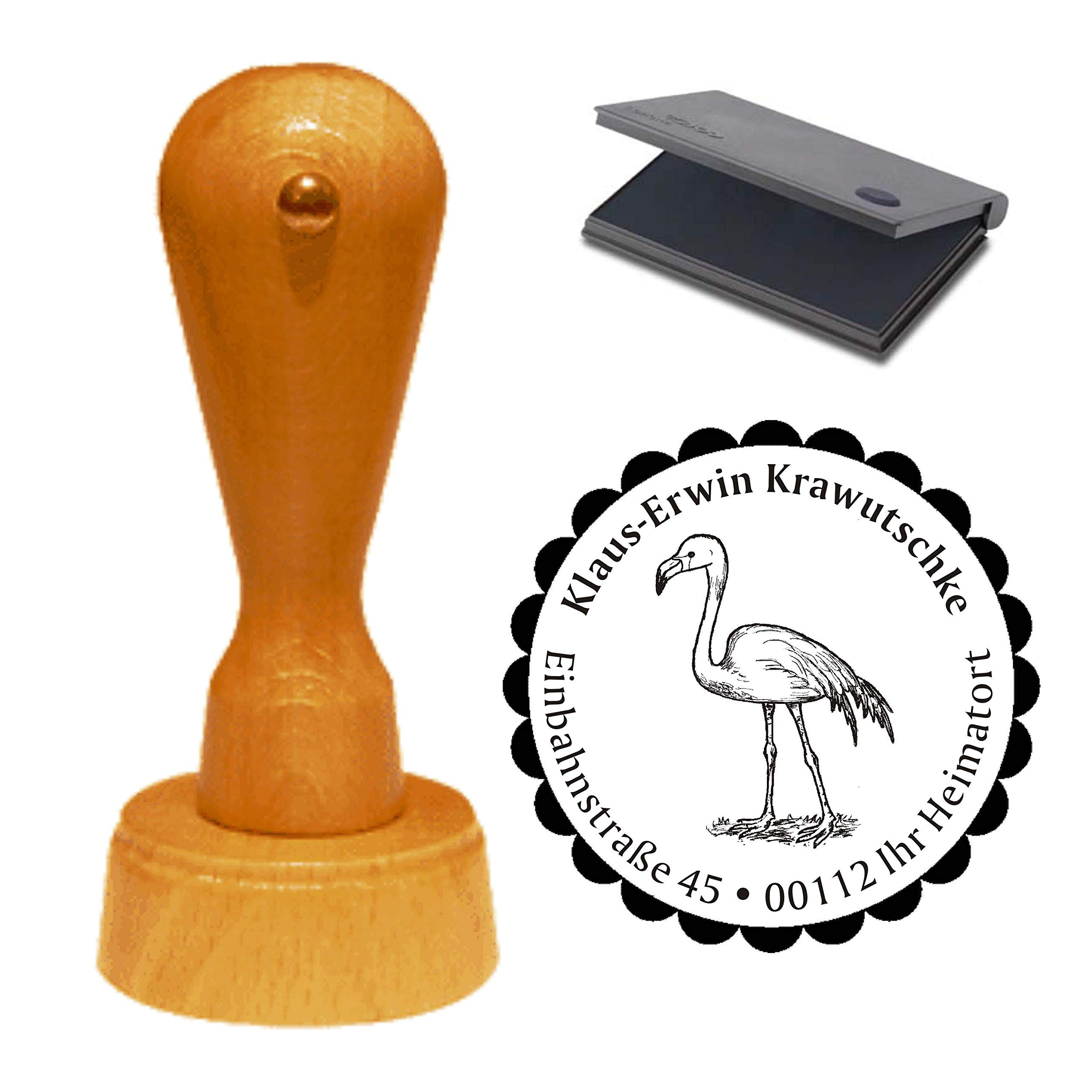 Dekolando Black Address Stamp "Beautiful Flamingo" Including Ink Pad Diameter Approx. 40 Mm With Personal Address, Motif And Decorative Edge Stamp For First Day At School