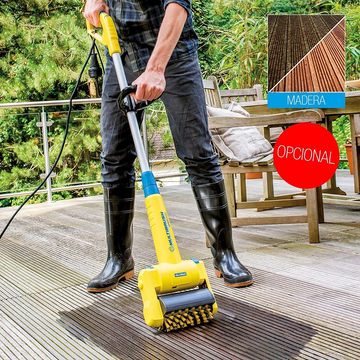 Gloria MultiBrush speedcontrol - Cepillo eléctrico multifuncional para jardín: limpieza de juntas, madera, piedra, eliminación de musgo y hierba, recortadora, escarificadora, incluye 2 accesorios
