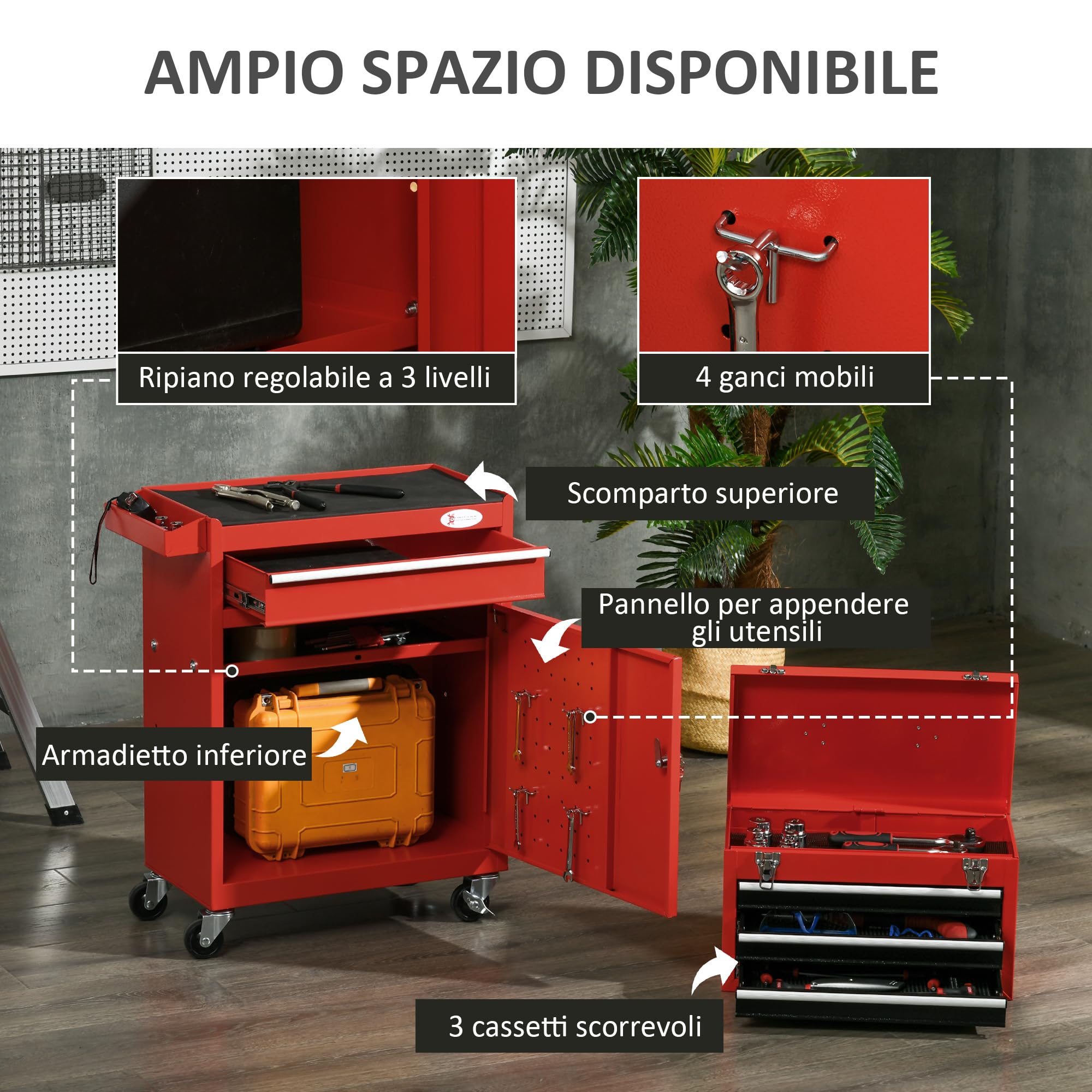 DURHAND Carrello Porta Attrezzi 2 in 1 Armadietto con Chiave Acciaio Rosso | Cassetta Portautensili Rimovibile, 4 Cassetti Totali