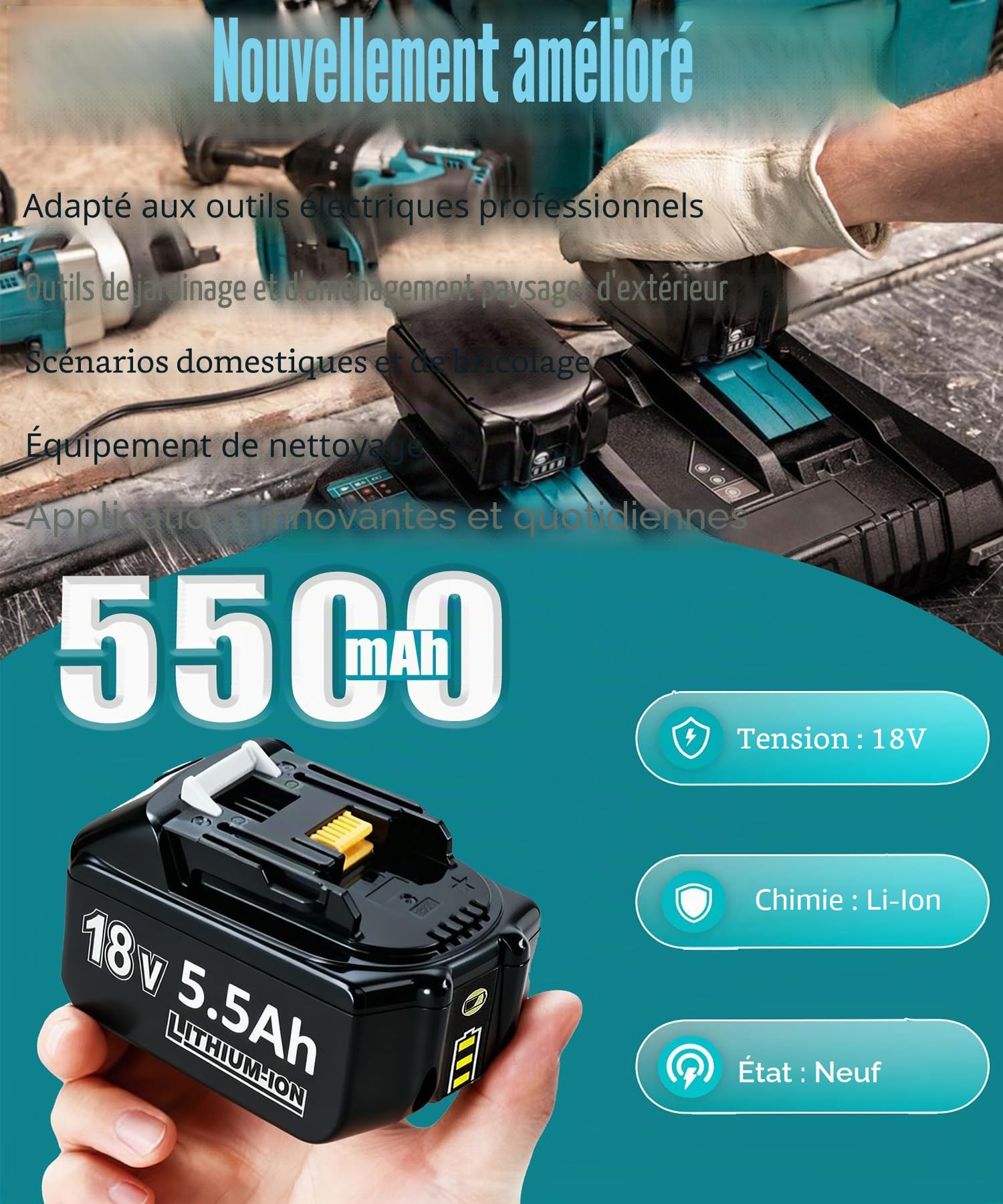 2X 18V 5.5h Batteries de Rechange pour BL1860B BL1850B BL1840 BL1845 BL1850 BL1830 BL1835 BL1845 BL1890 BL1415 BL1430 BL1440 BL1835 194205-3 LXT-400 avec Batterie LED Outil LED
