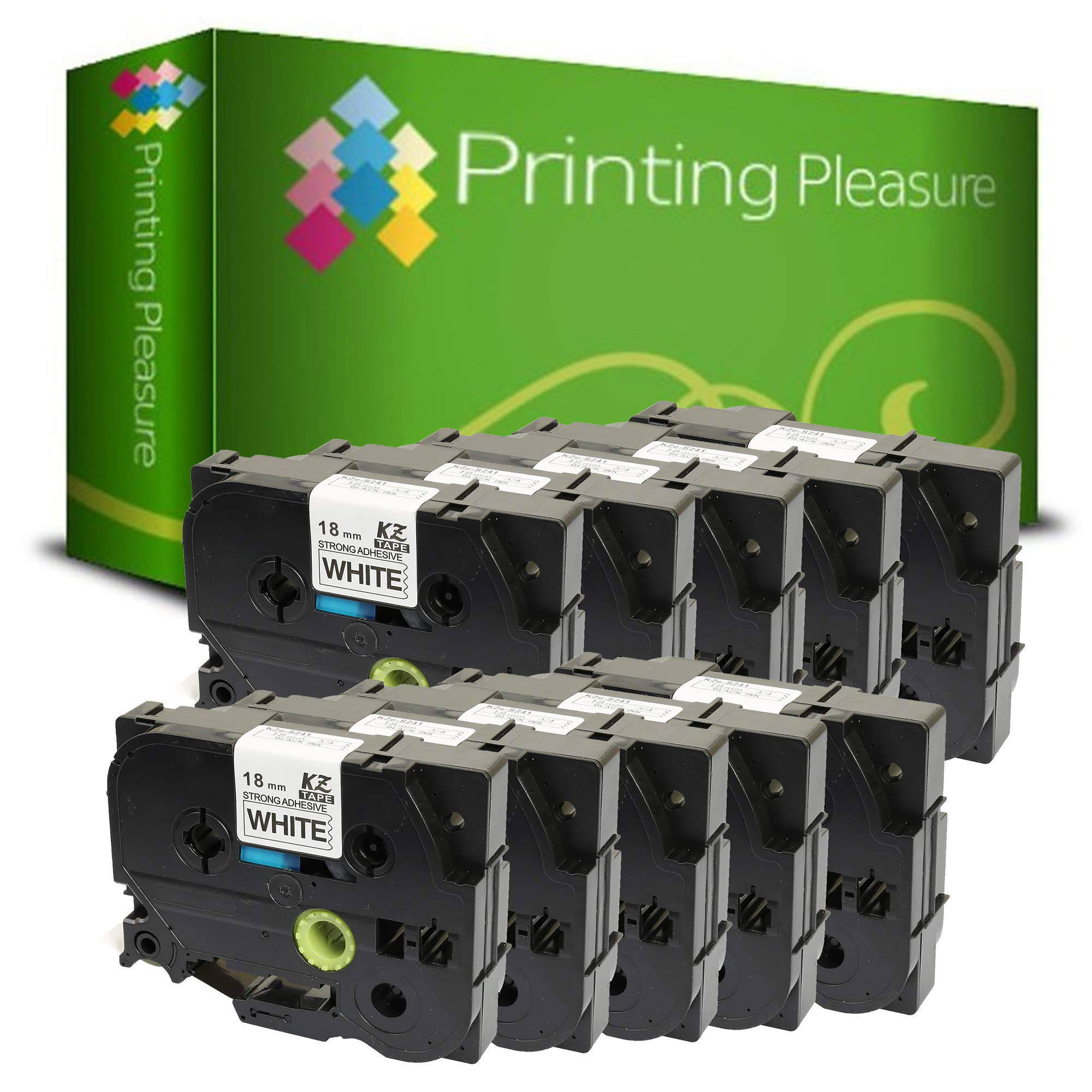 Printing Pleasure 10 x TZe-S241 TZ-S241 Schwarz auf Weiß, Schriftband kompatibel für Brother P-Touch | 18mm x 8m | Extra stark klebend