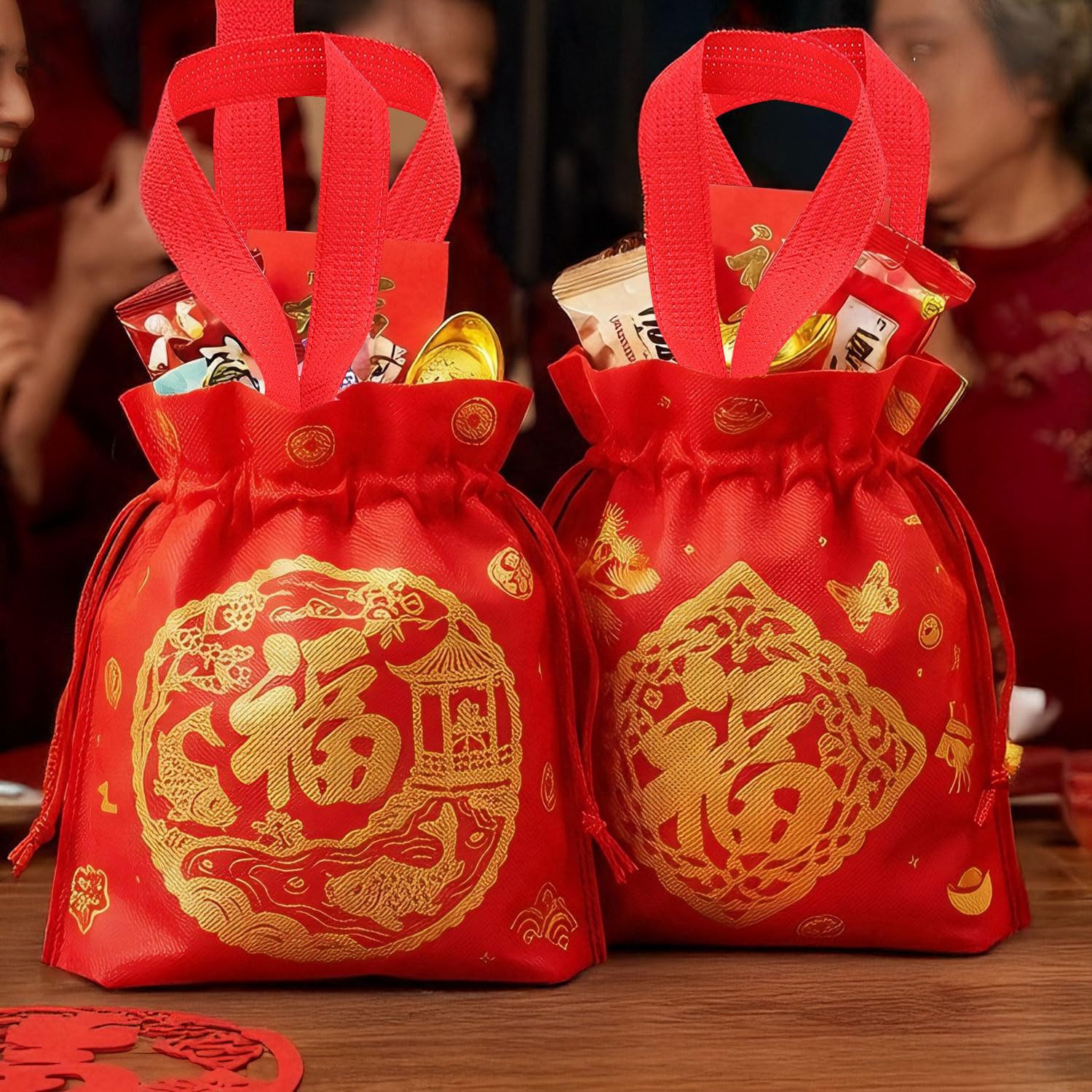 2Pcs/set Random style Red New Year Drawstring Bags Non-woven Fabric Exquisite Printing Candy Cookie Gift Bag Party Gift Packaging Supplies,26.5cm