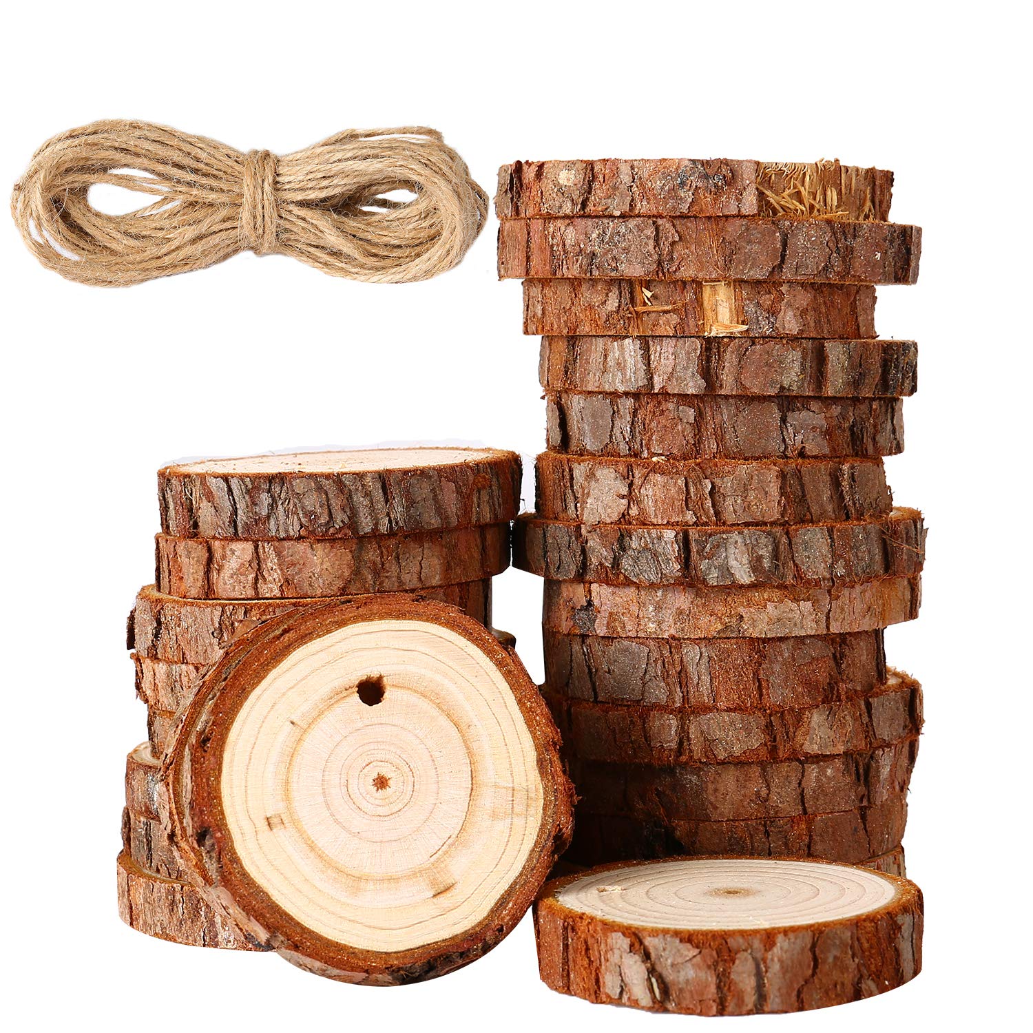 50 Disques En Bois Naturel Avec Corde De Jute - Rondelles Décoratives Pour Bricolage, Mariage, Noël