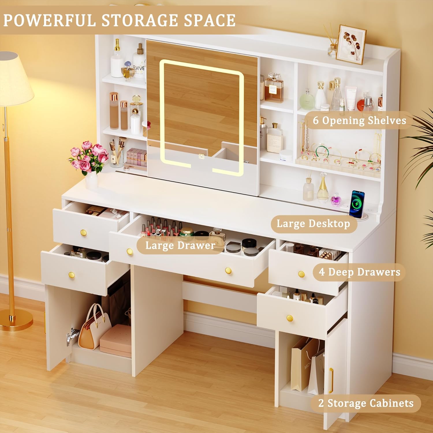An exploded view of the vanity desk showing all drawers and cabinets open, highlighting the storage capacity with labels like 'Large Desktop', 'Large Drawer', '4 Deep Drawers', '6 Opening Shelves', and '2 Storage Cabinets'.