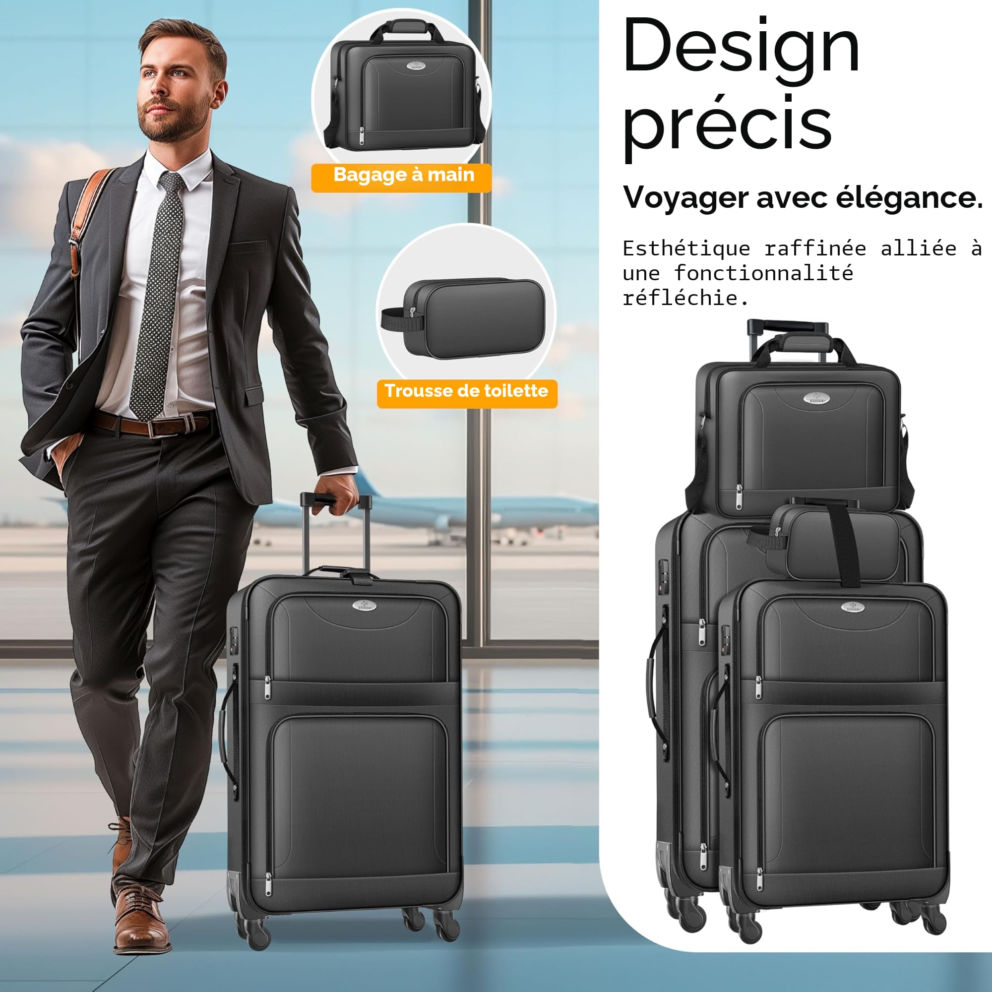 KESSER® Lot de 4 valises de voyage - Sac à roulettes en tissu avec serrure TSA - Roulettes à 360° et poignée télescopique - Sac cosmétique - Valise légère et grande