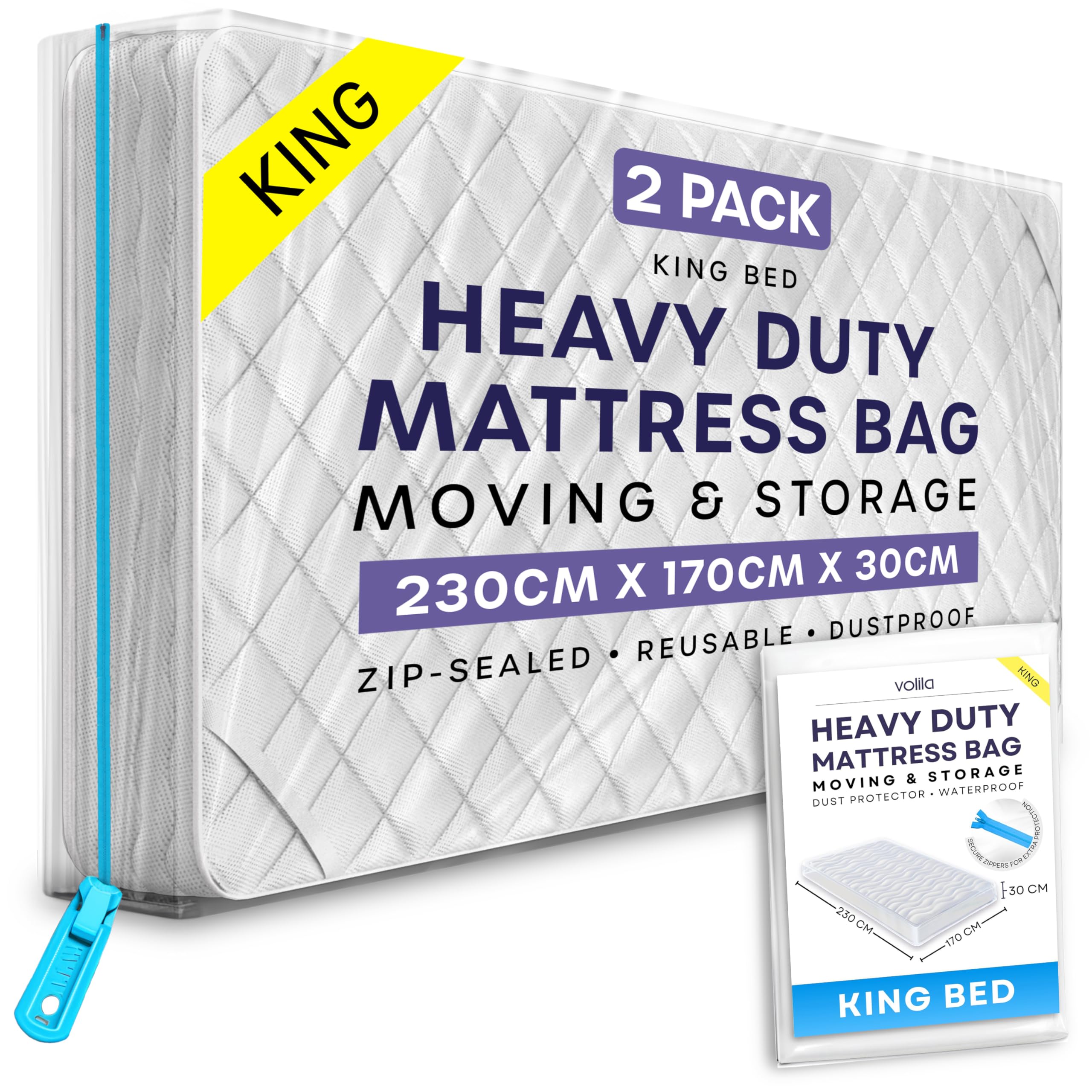 Volila 0 King Mattress Storage Bag With Zipper - 2 Pack Waterproof Mattress Cover For Moving - Mattress Bag To Protect Beds From Stains, Dust, And Pest Damage - Plastic Mattress Cover
