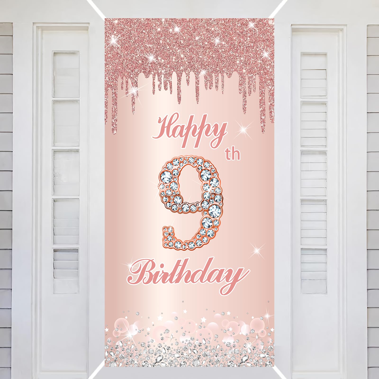 9th Happy Birthday Decorations Door Banner Pink Rose Birthday Banner for Party Backdrop for Women Door Cover Party Decoration Supplies Poster — image 1