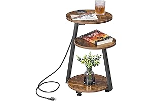 Bewihome Round Bedside Table with Charging Station