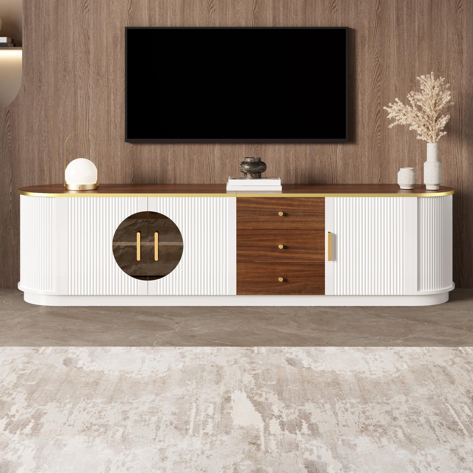 Meuble TV,Support Télé,3 Portes,2 Etagères,3 Tiroirs,Longueur 180cm,Table Télé de Salon,Armoire Basse Moderne en Bois Salle de Séjour Intérieur,Ovale