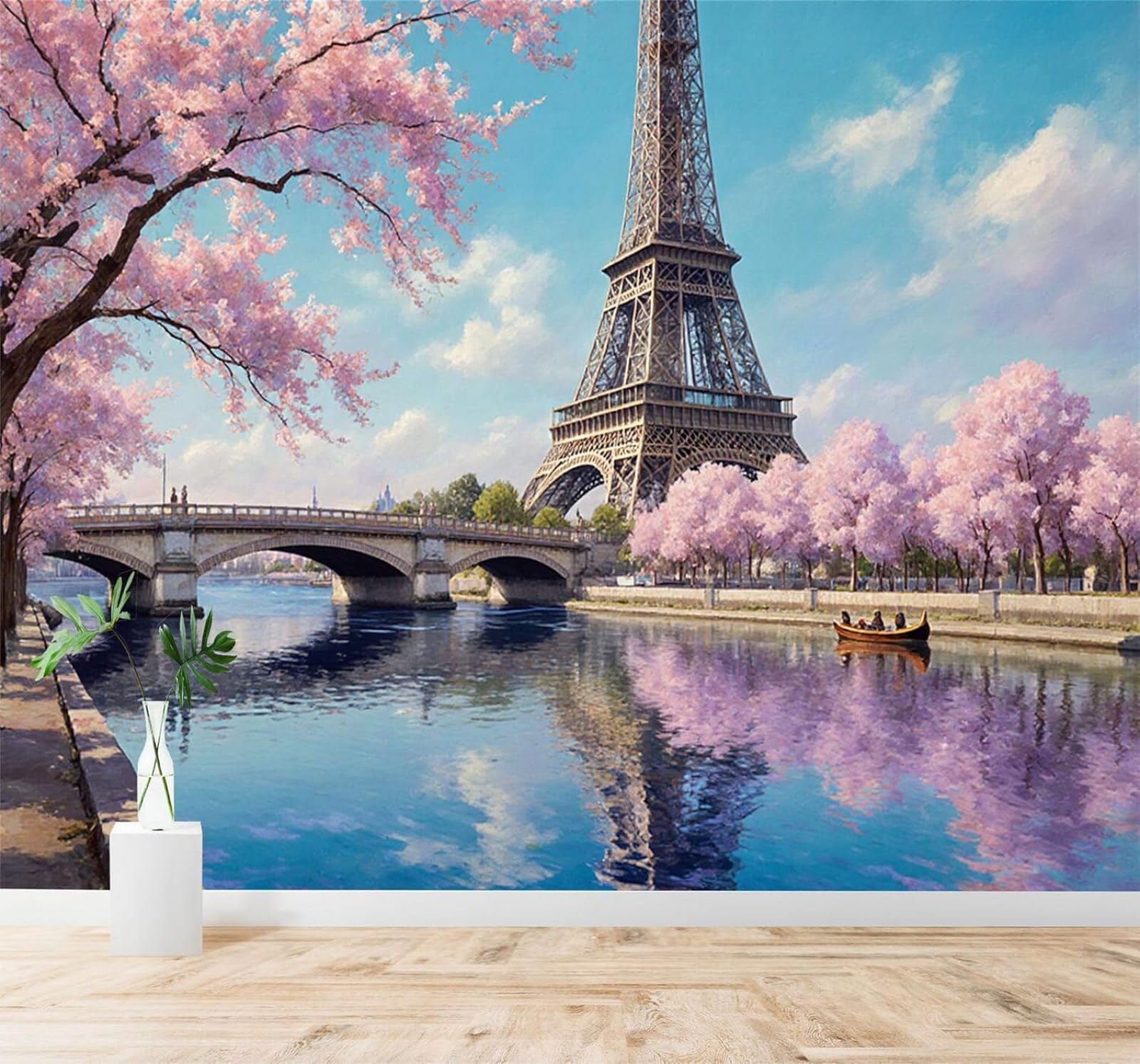 XLMING Spring Pink Cherry Blossoms River Arched Bridge Scenery 3D Wallpaper Silky Texture Home Study Office Grey Dining Room Sofa Bedroom Living Room TV Backdrop-350cm×256cm