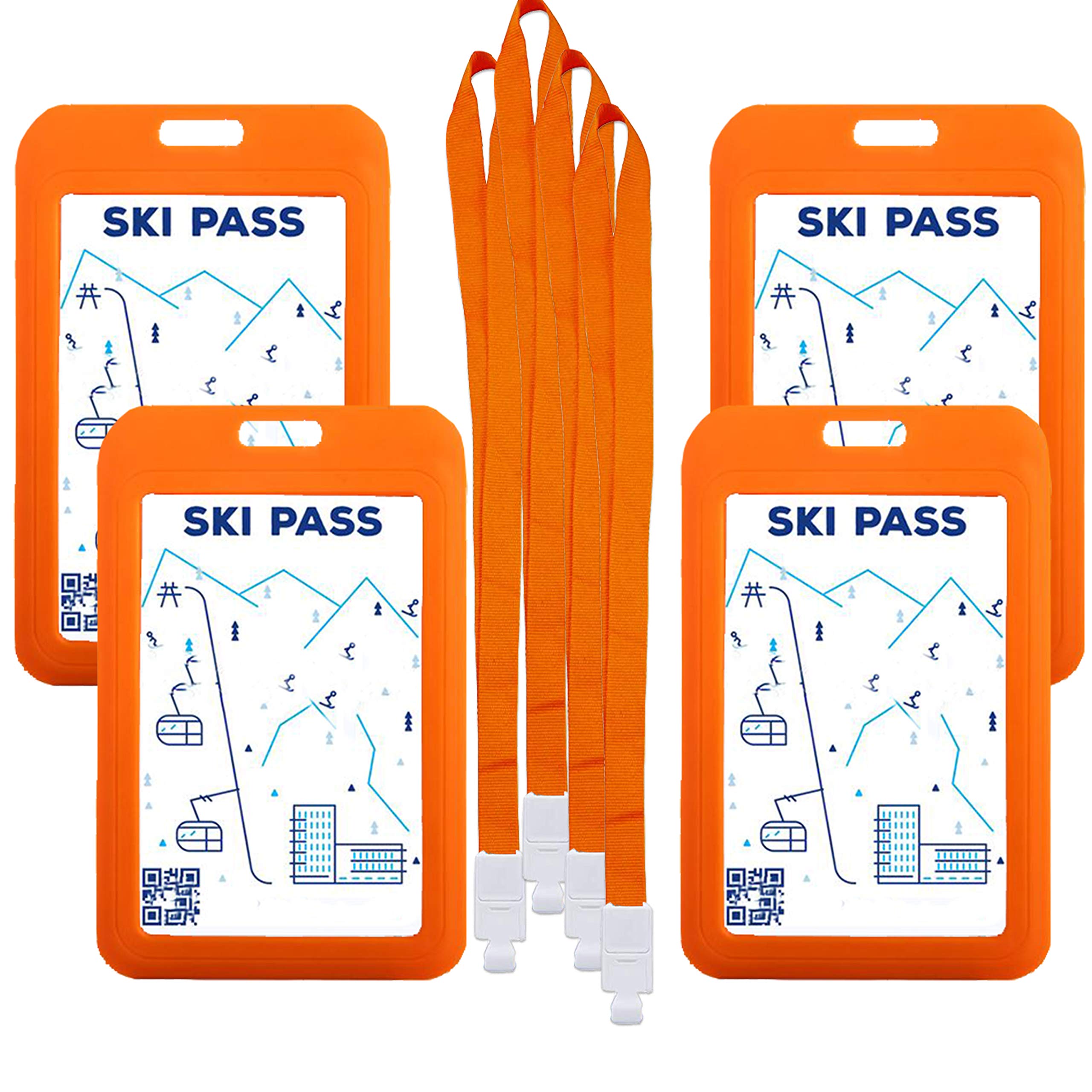 Buddle Set of 4 Pcs Sturdy Ski Pass Holder, 2-Sided Vertical Style Season Pass Keepers, Keep Your ID Badge from Getting Lost or Damaged (Orange)