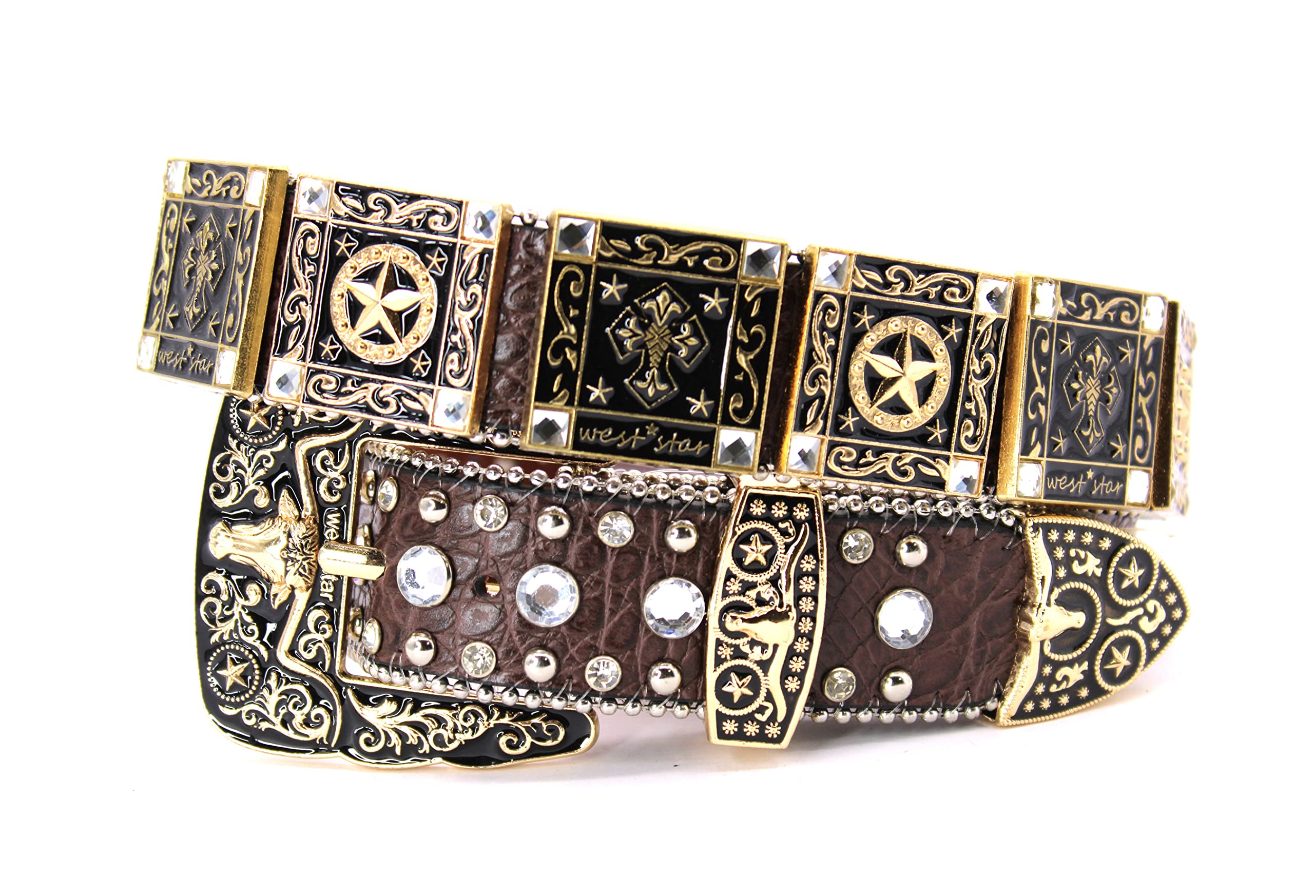 West Star Texas Genuine Leather Belt for Women & Cowboy Big Rhinestone With Engraved Buckle Country Style With Black Cross-802F STAR CF M