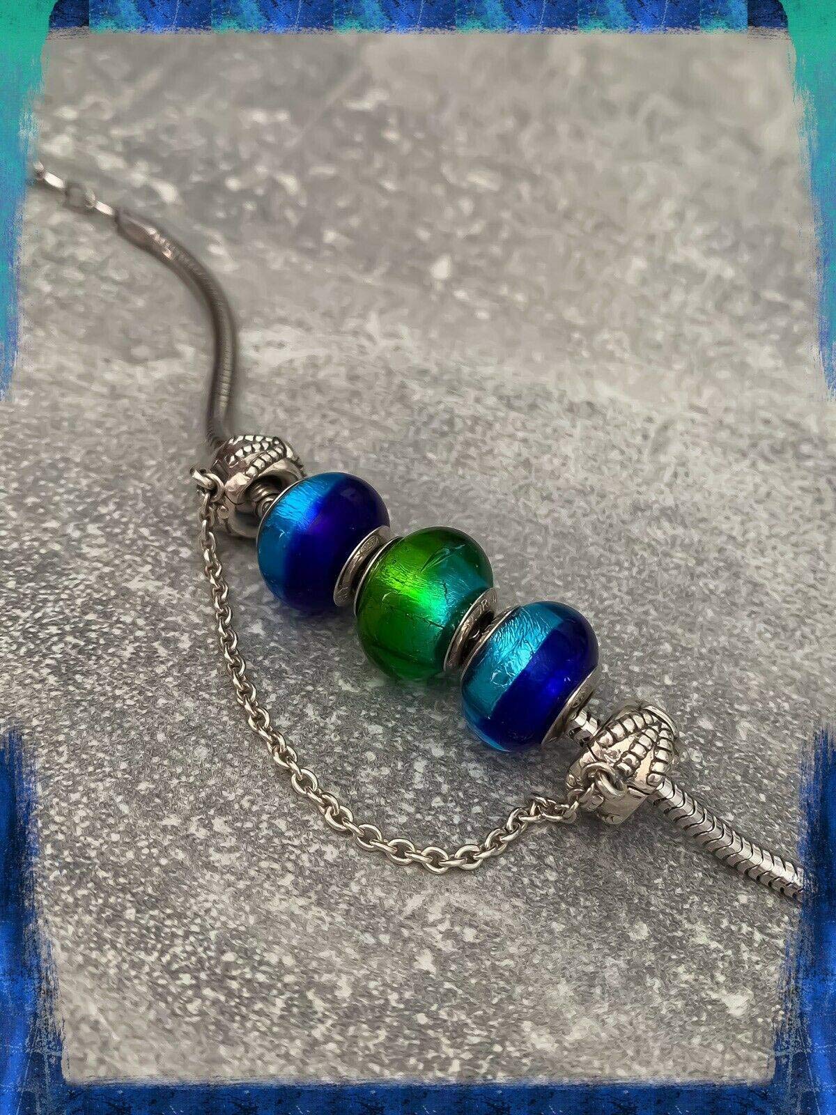 Braccialetto con 3 perle in vetro di Murano autentico e argento 925 rodiato, 18 cm, Argento sterling