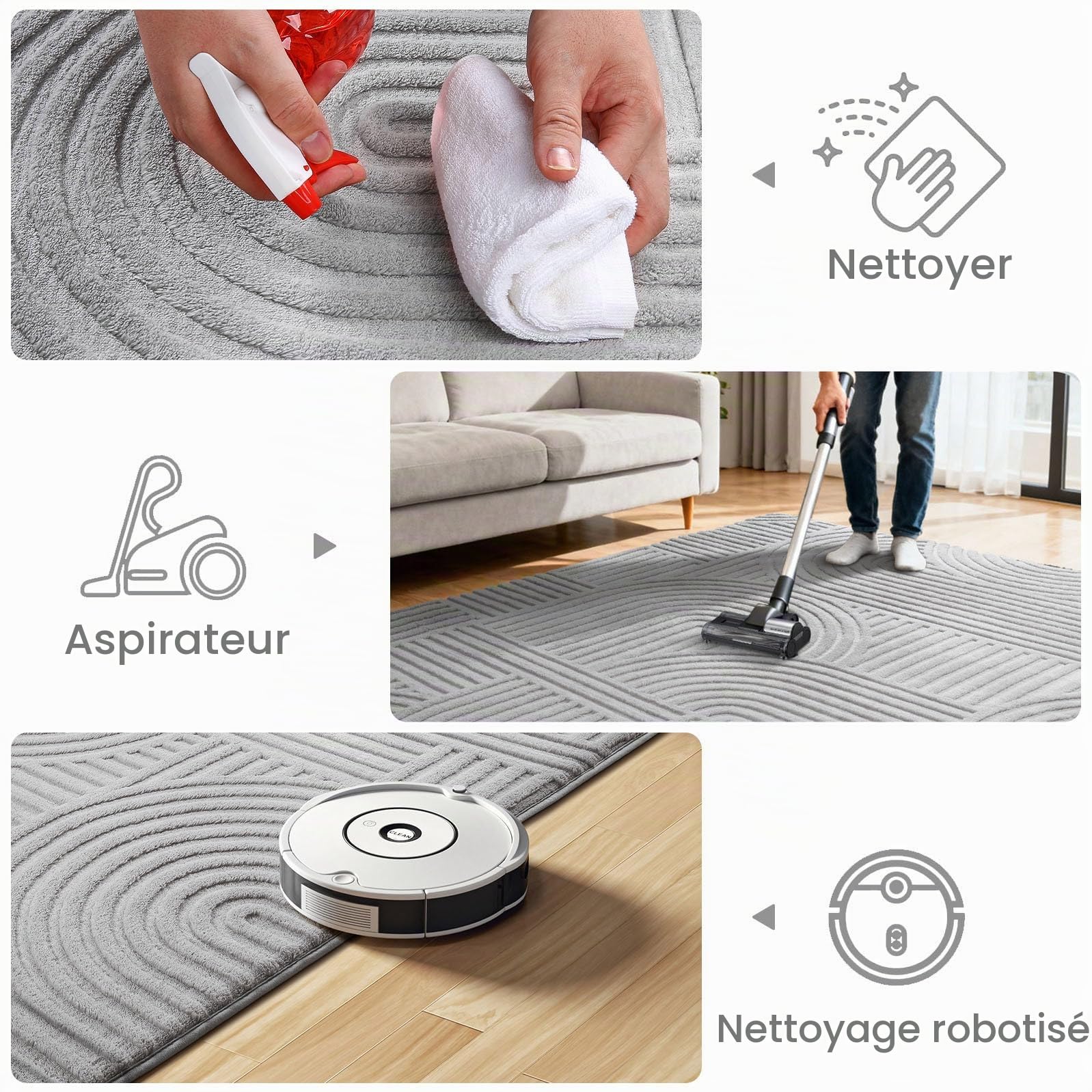 Sour Lemon Tapis de salon 200 x 300 cm, Tapis 3D gris clair avec design circulaire, Tapis peluche courte lavable, Tapis antidérapant pour chambre, salle à manger, cuisine et bureau