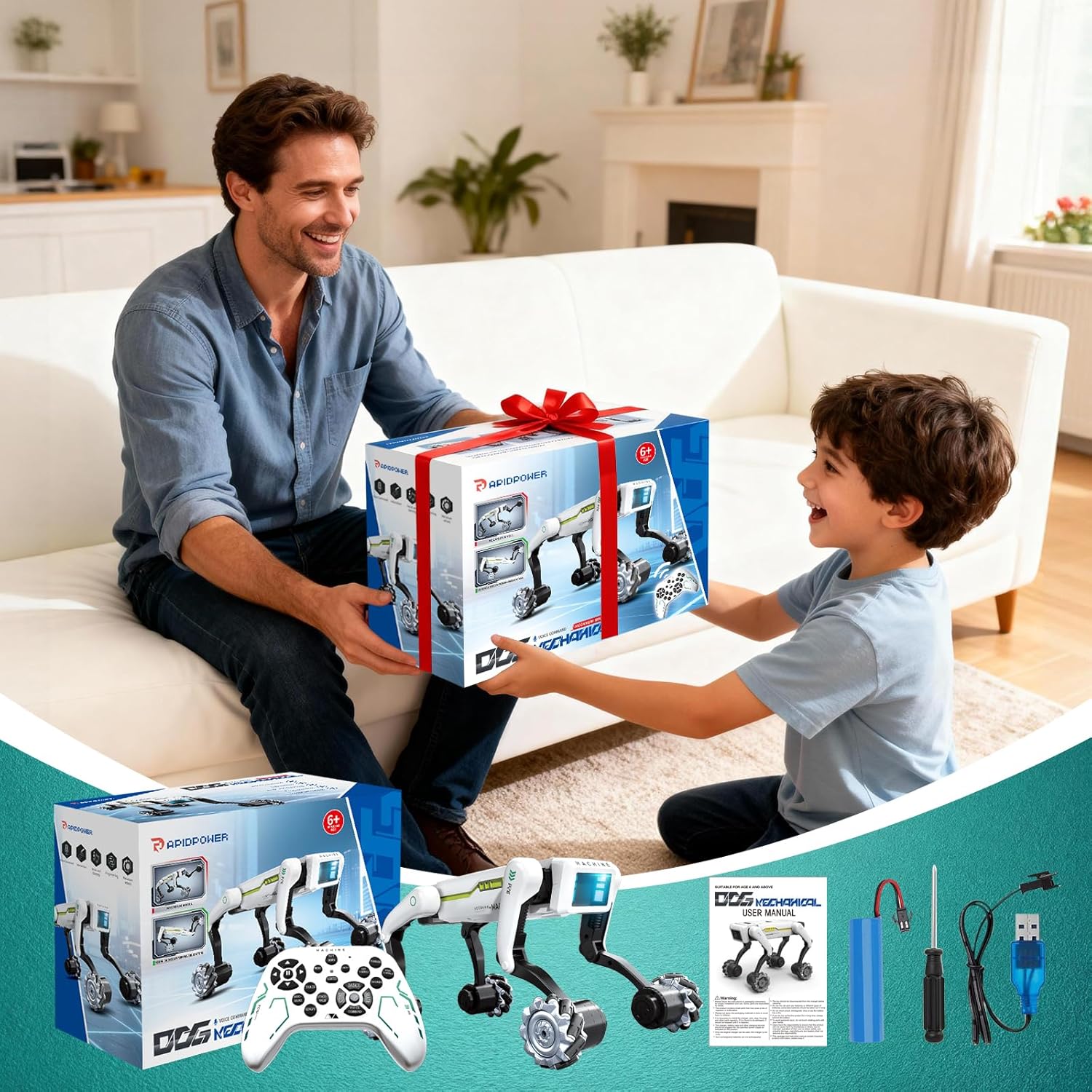 Smart Robot Dog with Wheels, 30+ Bionic Actions, Voice & Remote Control, Programmable Moves, Rechargeable Battery, All-Terrain Stunt Pet Toy for Kids