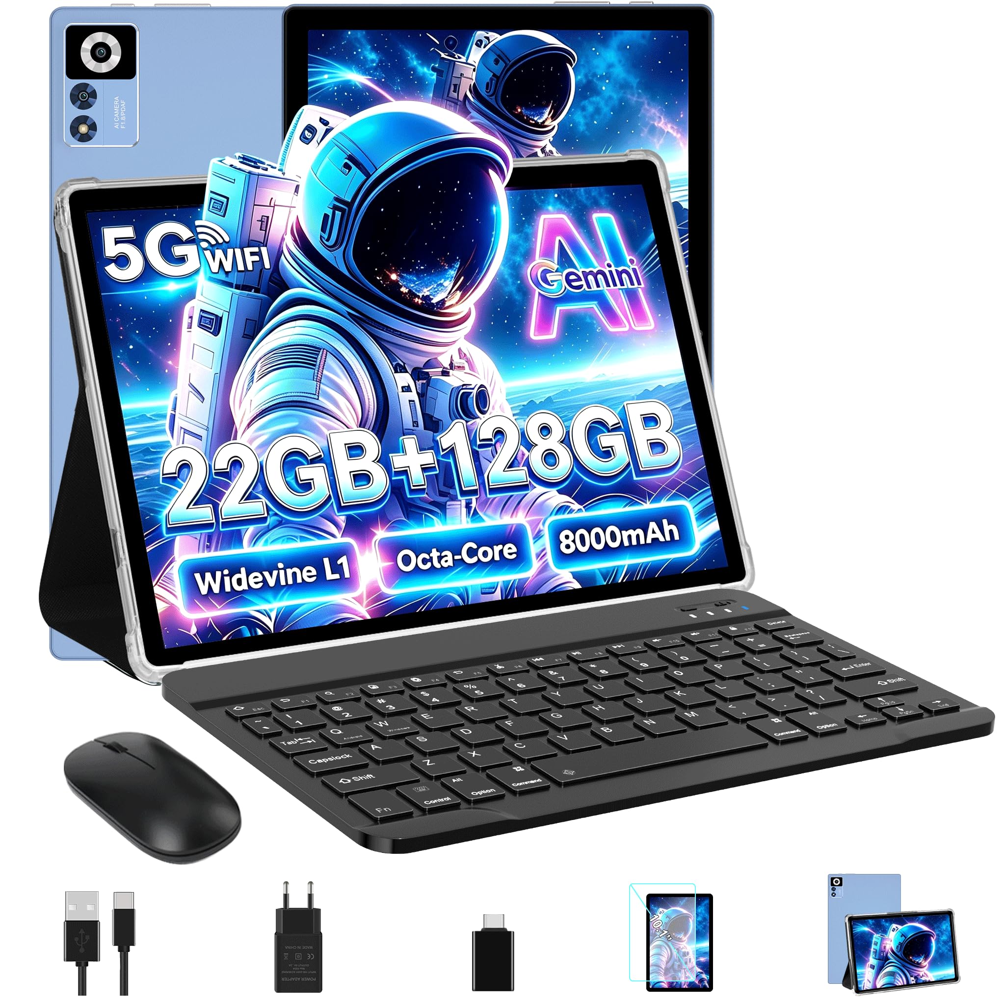 ZIOVO Tablette 10 Pouces Android 14 Tablette, 22GoRAM+128Go ROM (1To TF),Widevine L1|8000mAh| Octa-Core|2.0GHz| 5G WiFi| BT 5.0| 5+8MP, 2 en 1 Tablette Tactile avec Clavier et Souris-Bleu