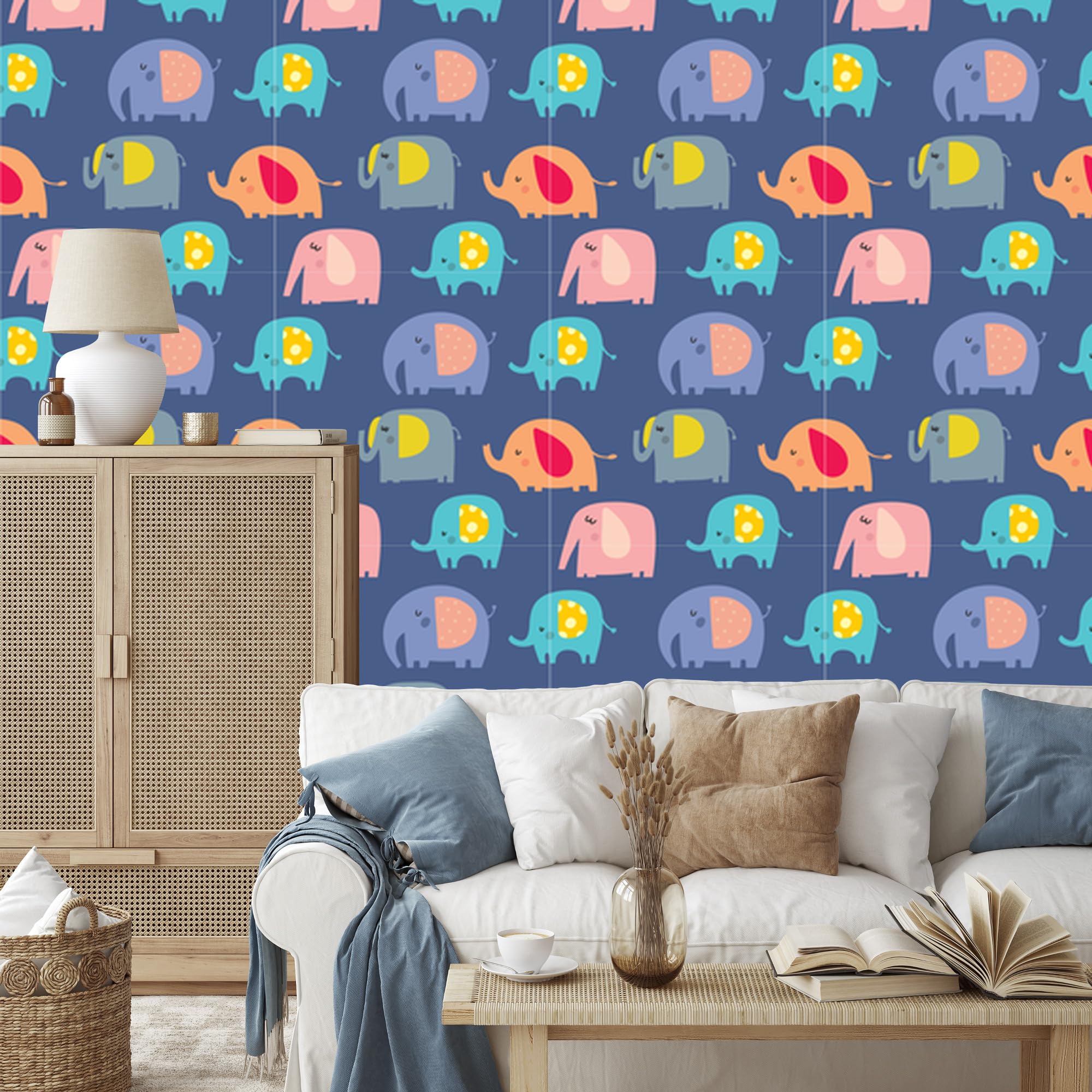Vliestapete Bunte Elefanten und Tiere 50 x 1000 cm