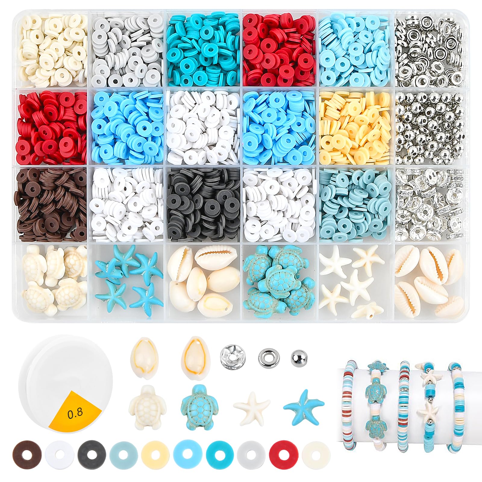 2400Pcs Pony Beads for Bracelet Making Kit, Ocean Style Beads for Jewelry Making with Starfish Shell Turtle, Metal Spacers, 5m Elastic String, DIY Crafts Gifts for Girls Adults