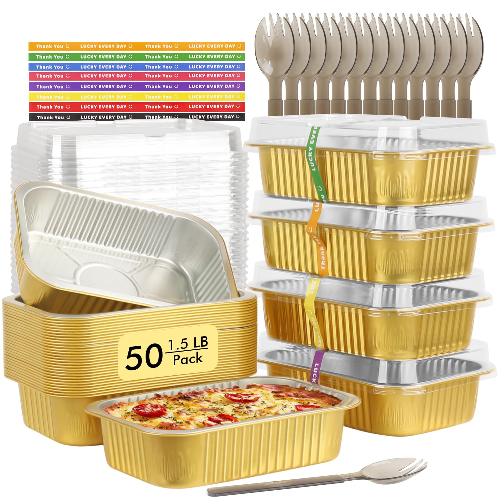 LNYZQUS Paquete de 50 moldes pequeños de aluminio de 1.5 libras con tapas, 7 x 5 pulgadas, recipientes individuales para hornear sobras, recipientes de aluminio de 24 onzas para llevar, recipientes