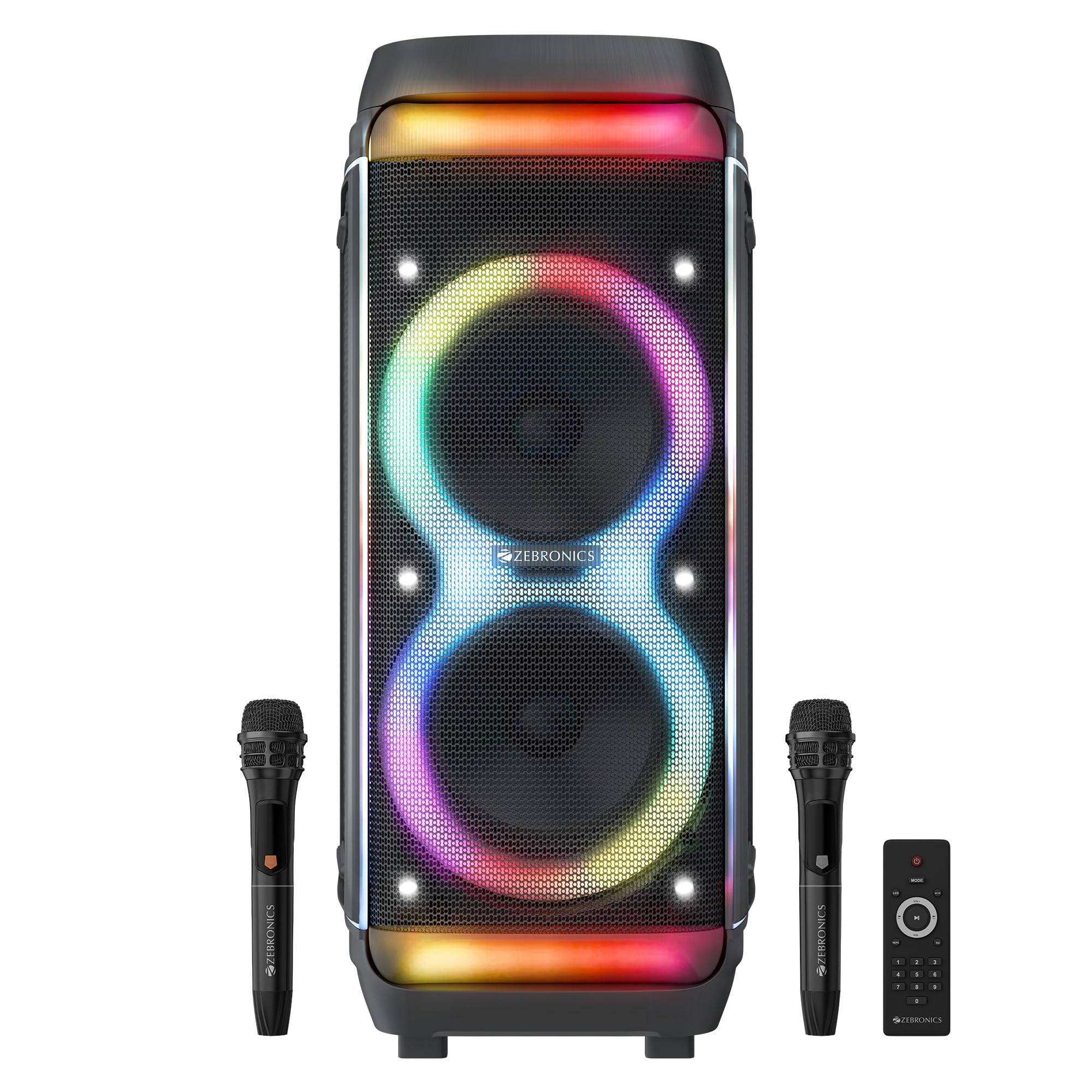 Zebronics Trolley DJ Speaker, 200W, Upto 9 Hours Playback, Dual 25.4cm Full-Range Drivers, Karaoke, TWS, BT v5.0, USB, SD, mSD, AUX, RGB, Dual Wireless UHF Mic, 6 Band EQ Control (Party Fyre 102)-image-17