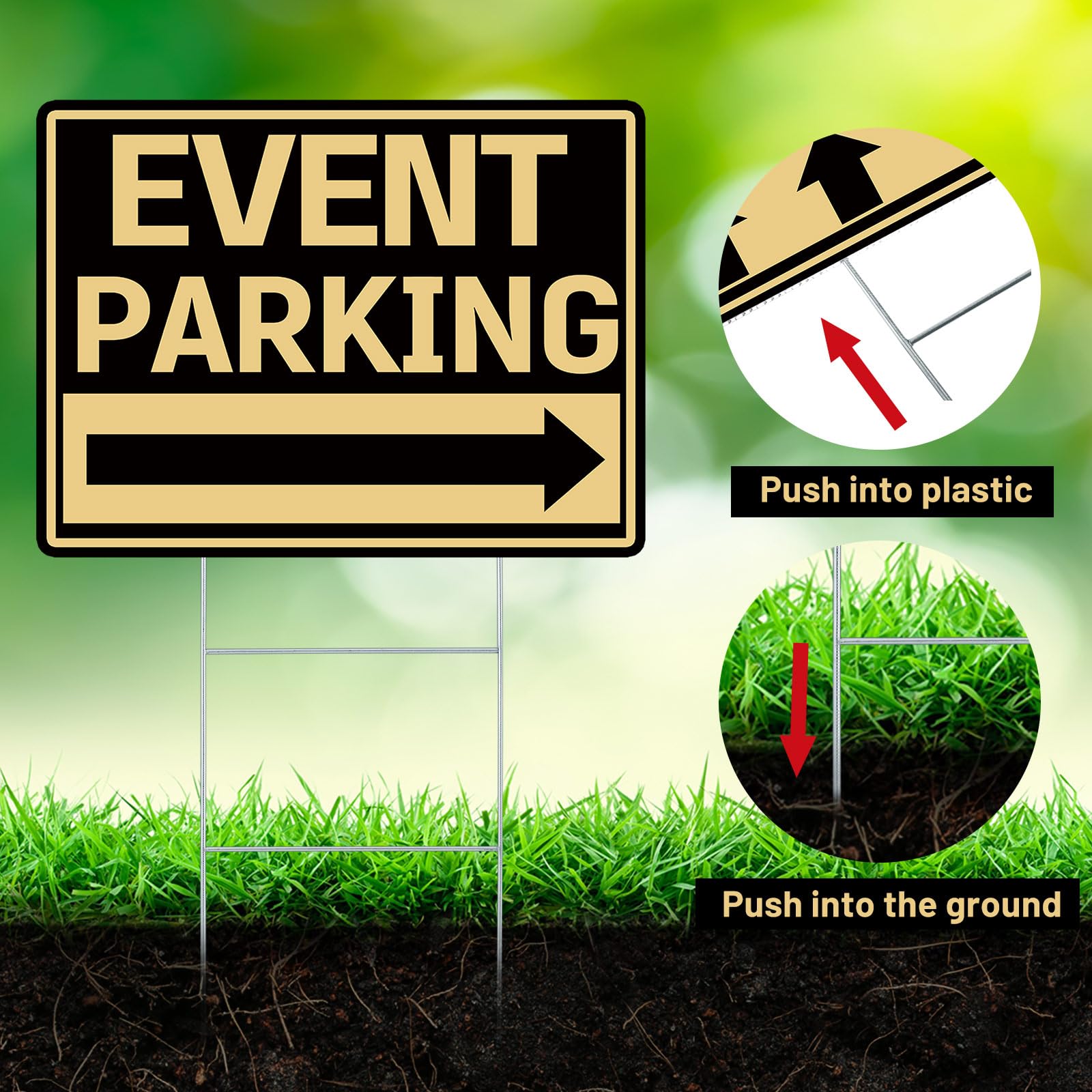Juexica 9 letreros de estacionamiento para eventos al aire libre de 16 x 12 pulgadas con flecha, de plástico corrugado, letreros de doble cara para eventos al aire libre (negro y dorado)