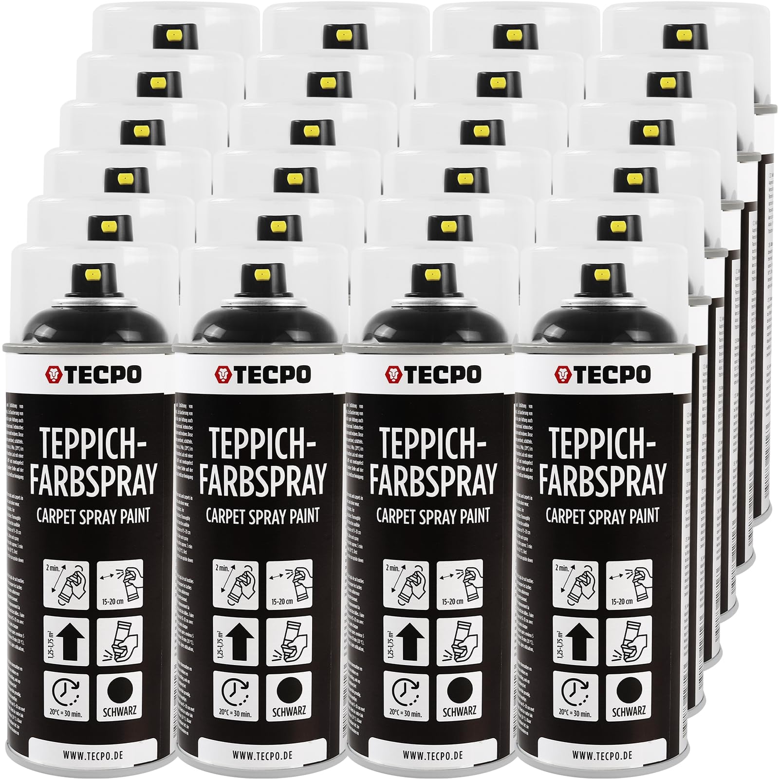 TECPO Spray de pintura para alfombras, 24 x 400 ml, pintura textil, color negro, para alfombras, felpudos, techo, tela, goma, plástico, tratamiento interior