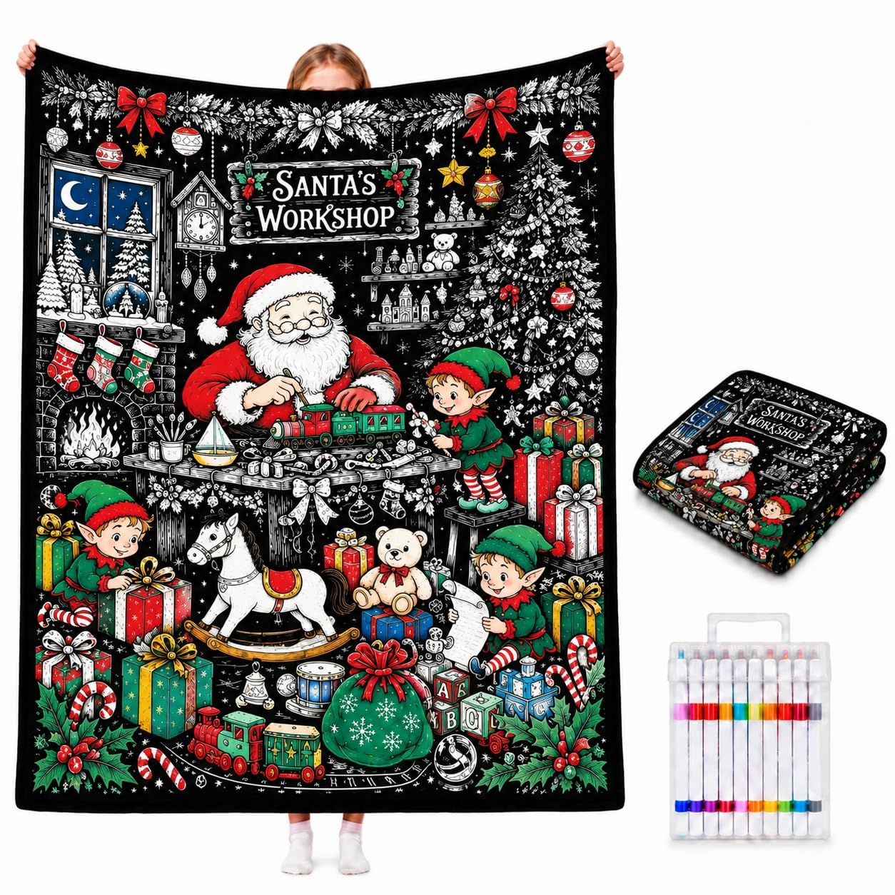 DIY Colouring Blanket for Adults with 24 Colour Markers, Colour Your Own Throw Blanket, Fun Creative Stress Relief Activity, Home Decor Perfect Birthday Gifts for Women Friends Family (Christmas D) — image 1