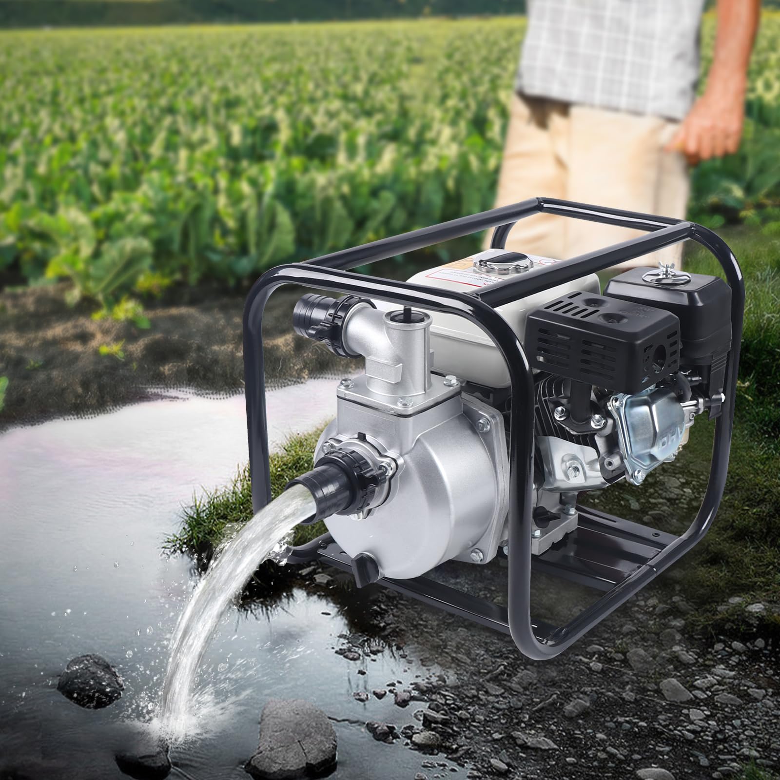 Pompe à eau à essence 4 temps 6,5 CV 210 cc – Pompe de jardin pour eaux usées avec 36 m³/h (60 000 l/h) et hauteur de refoulement de 28 m – Raccord 2 pouces, profondeur d'aspiration 7 m pour