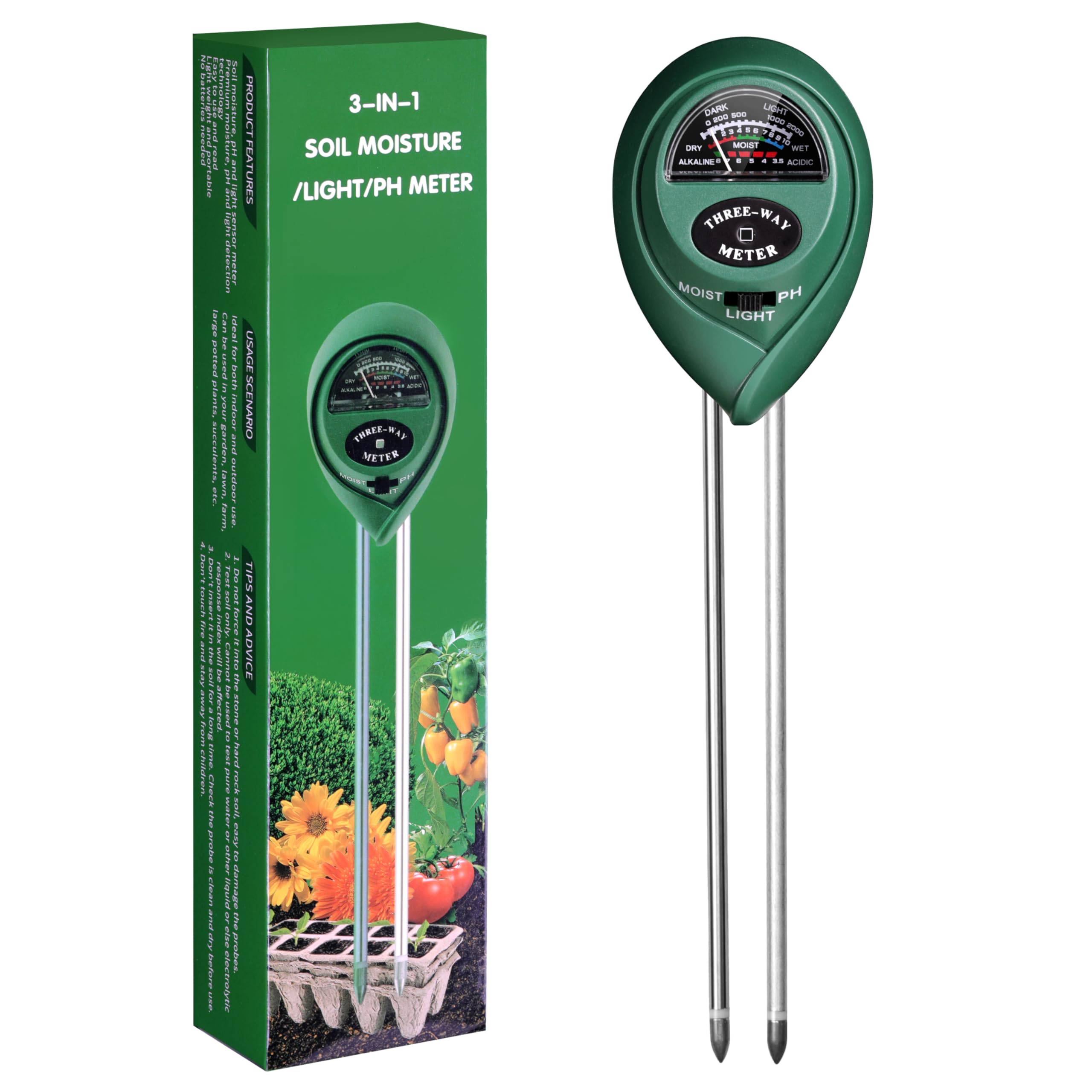 ipower soil meter, 3-in-1 plant moisture light ph tester for gardening, farming, indoor & outdoor use