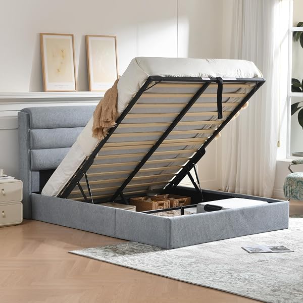 Zanmintaobo Lift Up Storage Bed, Upholstered Platform Bed with Hydraulic System & Wood Slats Support, Bed Frame with 3-P