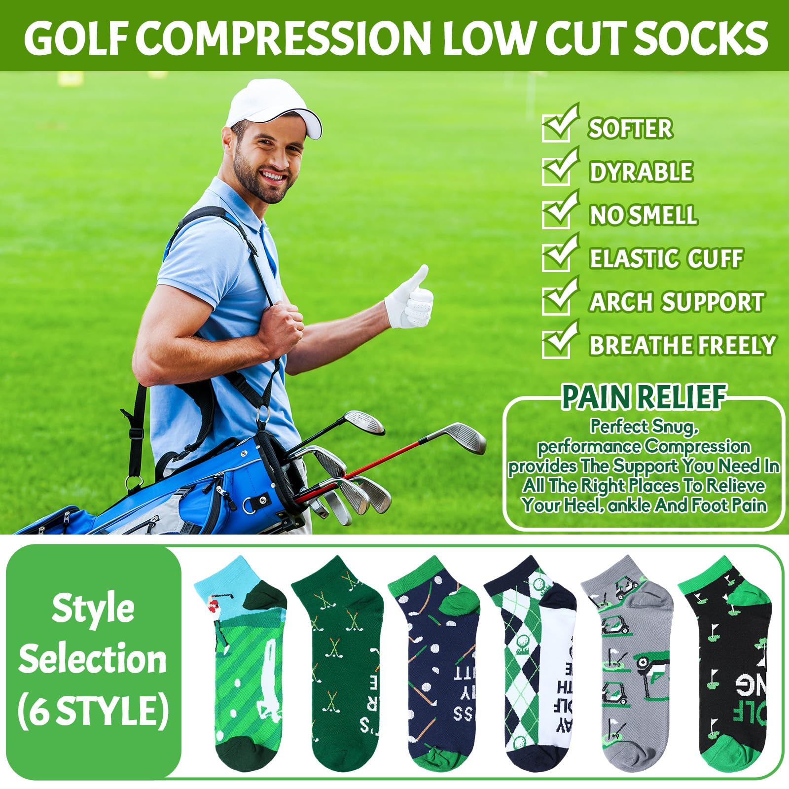6 pares de calcetines de golf divertidos de compresión de corte bajo, regalos para hombres, fanáticos del deporte, amantes del golf, Verde, gris, azul, negro, blanco, Large