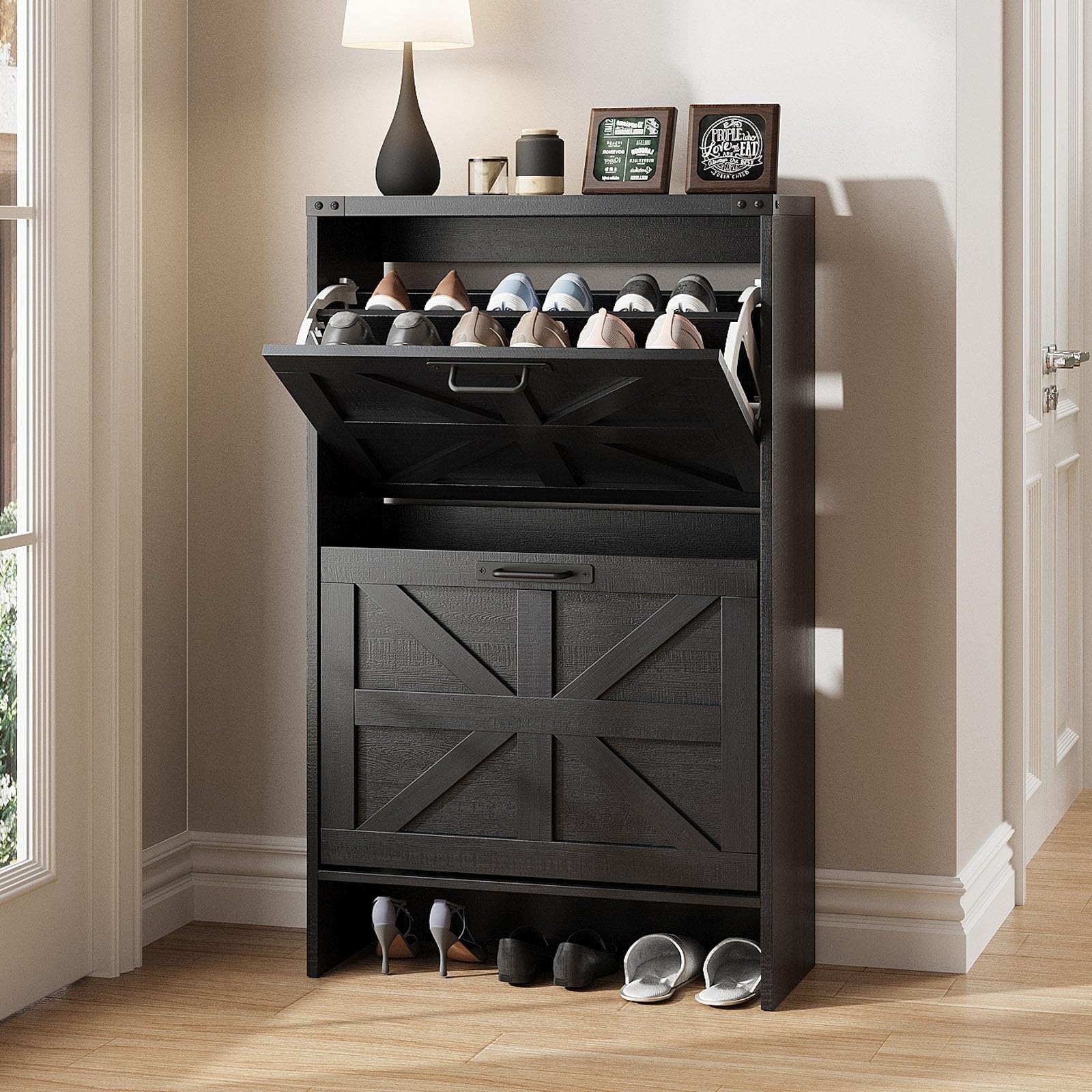 Shoe Storage Cabinet for Entryway,Farmhouse Slim Shoe Cabinet with 2 Flip Drawers,Narrow Freestanding Organizer Storage Rack for Entrance,Hallyway,Black