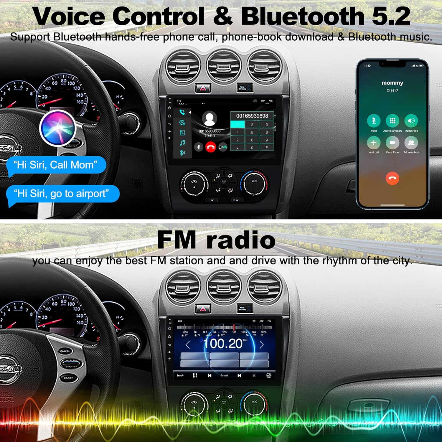 Car radio displaying Bluetooth call interface and FM radio tuner
