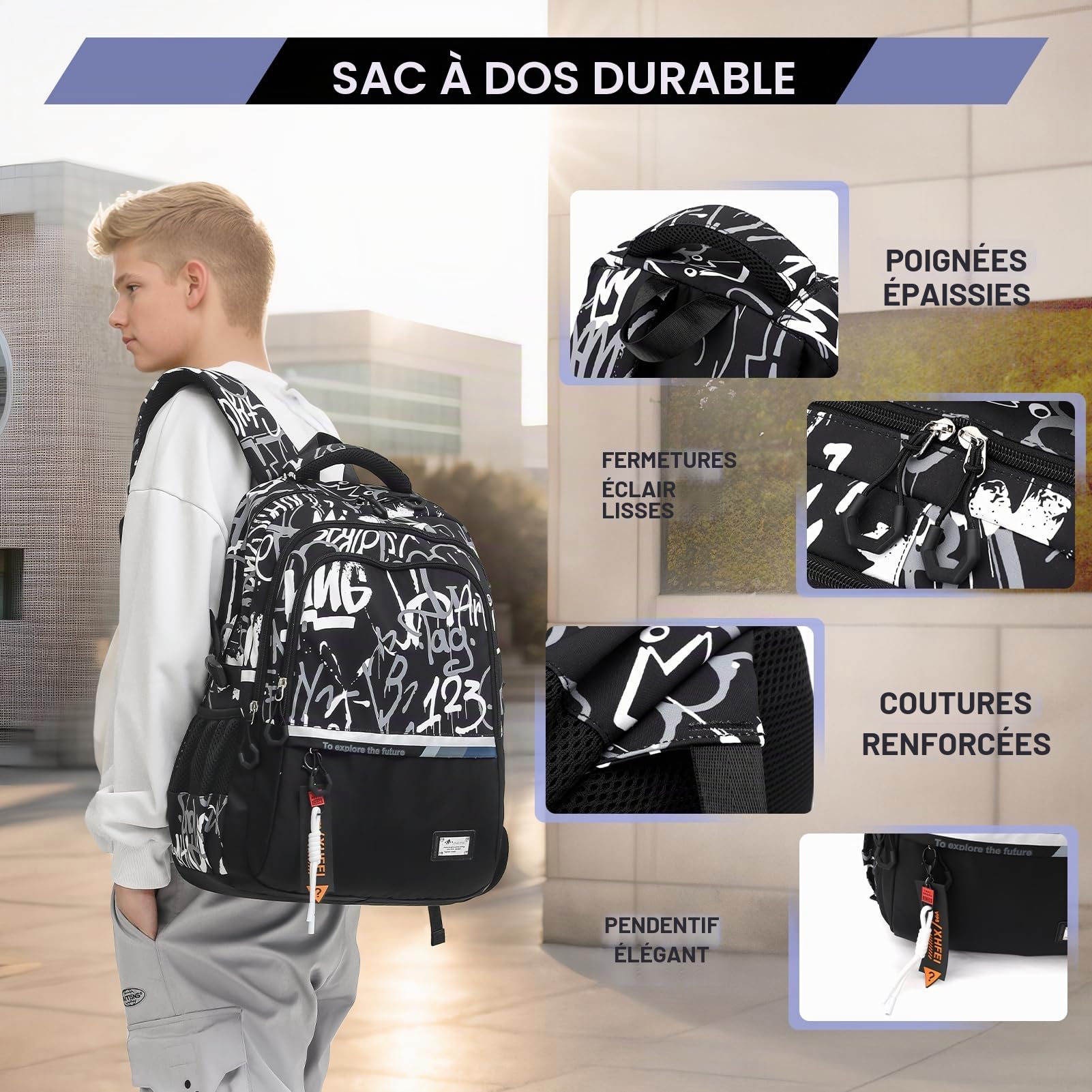 Amythe Sac à Dos pour Garçons Cartable Primaire College, Sac Ecole Tendance Léger pour les Adolescents pour 9-18ans, Sac D'école Grande Capacité Convient pour le Trolley, Noir