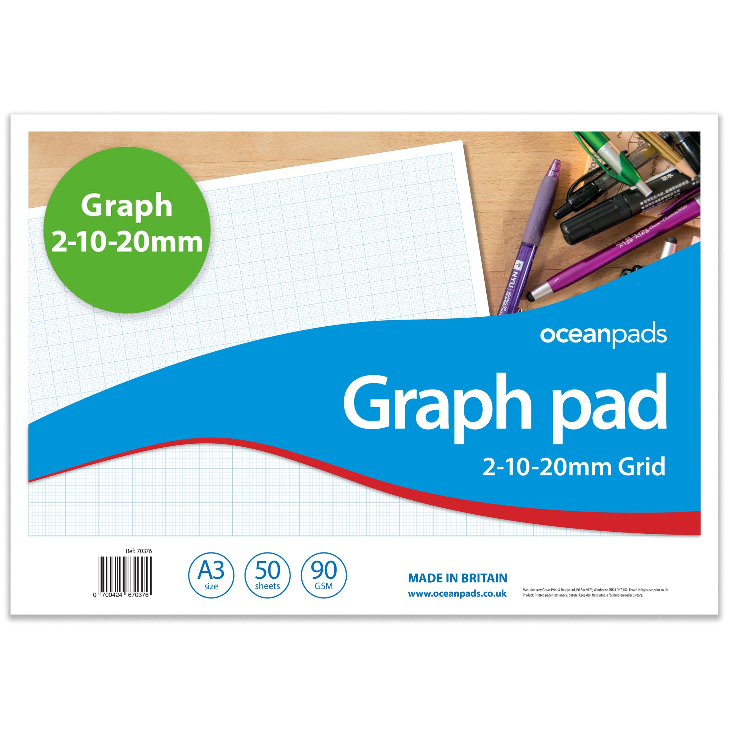 A3 Graph Pad 2-10-20mm Grid – 50 Sheets 90gsm Graph Paper for Technical Drawing, Plotting Graphs, Engineering & Drafting – Ocean Pads (70376)