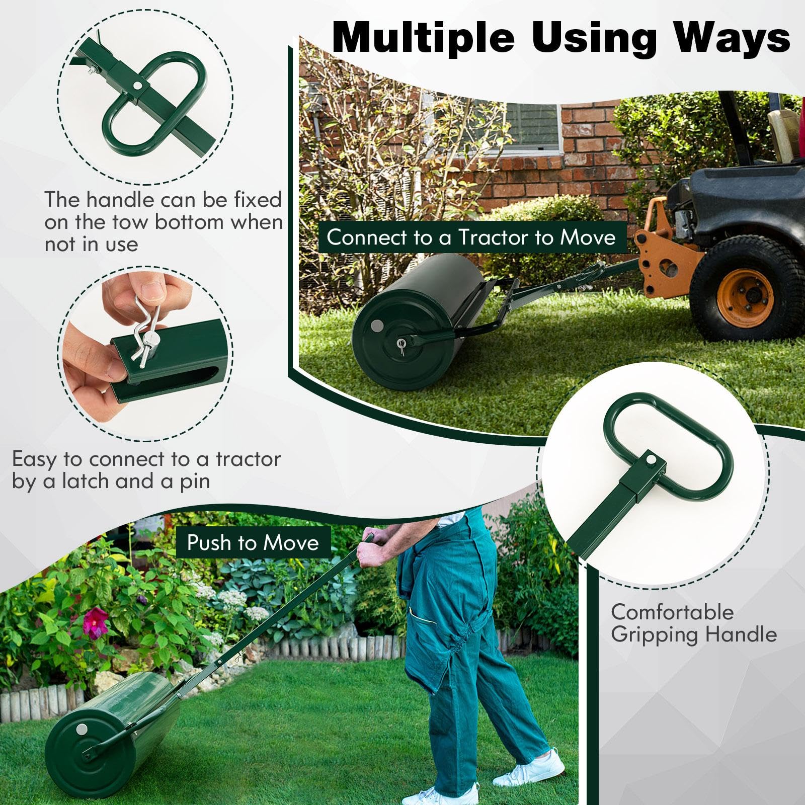 SOARS Rasenwalze befüllbar 113L, Ø40cm Handwalze, Rasenroller mit U-Griff & abnehmbarem Ablassstopfen, Gartenwalze Schwerlasttrommel für Boden, Wiese, Ebenen (Grün-113L)