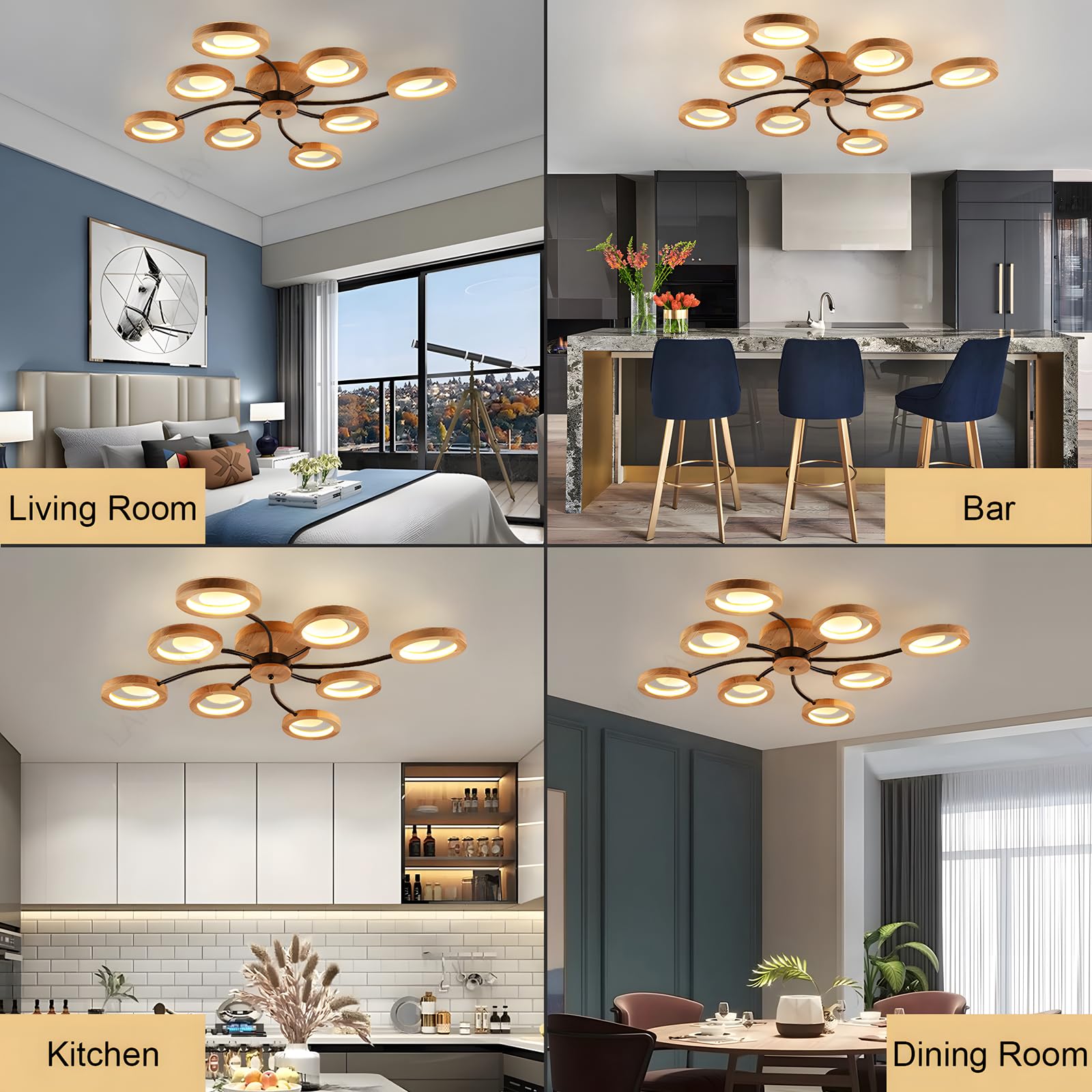 Lampada Da Soffitto Moderna A LED, Lampadario Ø114cm Dimmerabile Con Telecomando 3000K-6000K, Braccio Nero + 8 Anelli In Legno, Paralume In Metallo, Soggiorno Camera Da Letto Sala Da Pranzo