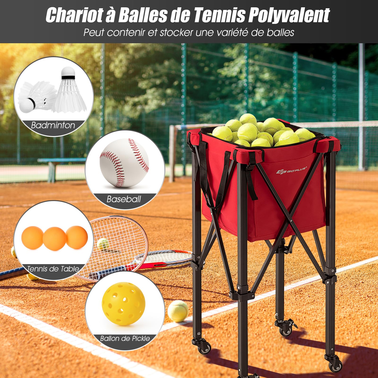 GOPLUS Chariot de Balle de Tennis Pliable, en Aluminium et Tissu Oxford avec et Sac Amovible, Panier de Rangement de Tennis Roulant pour Entraînement ou Loisir