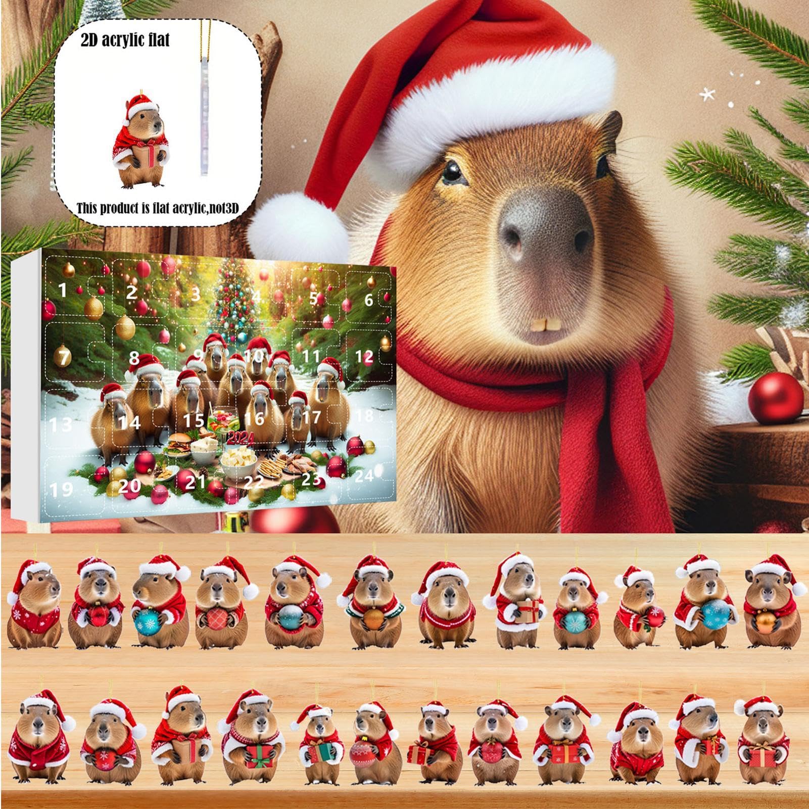 Calendrier De L'Avent Capybara 2025 - 24 Ornements Acryliques 2D à Suspendre - Décoration Noël, Sapin, Rétroviseur